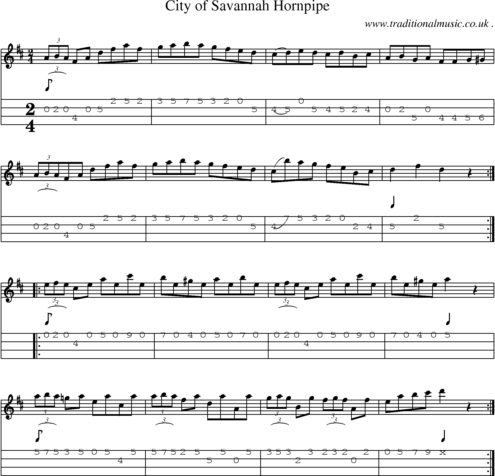 Music Score and Mandolin Tabs for City Of Savannah Hornpipe