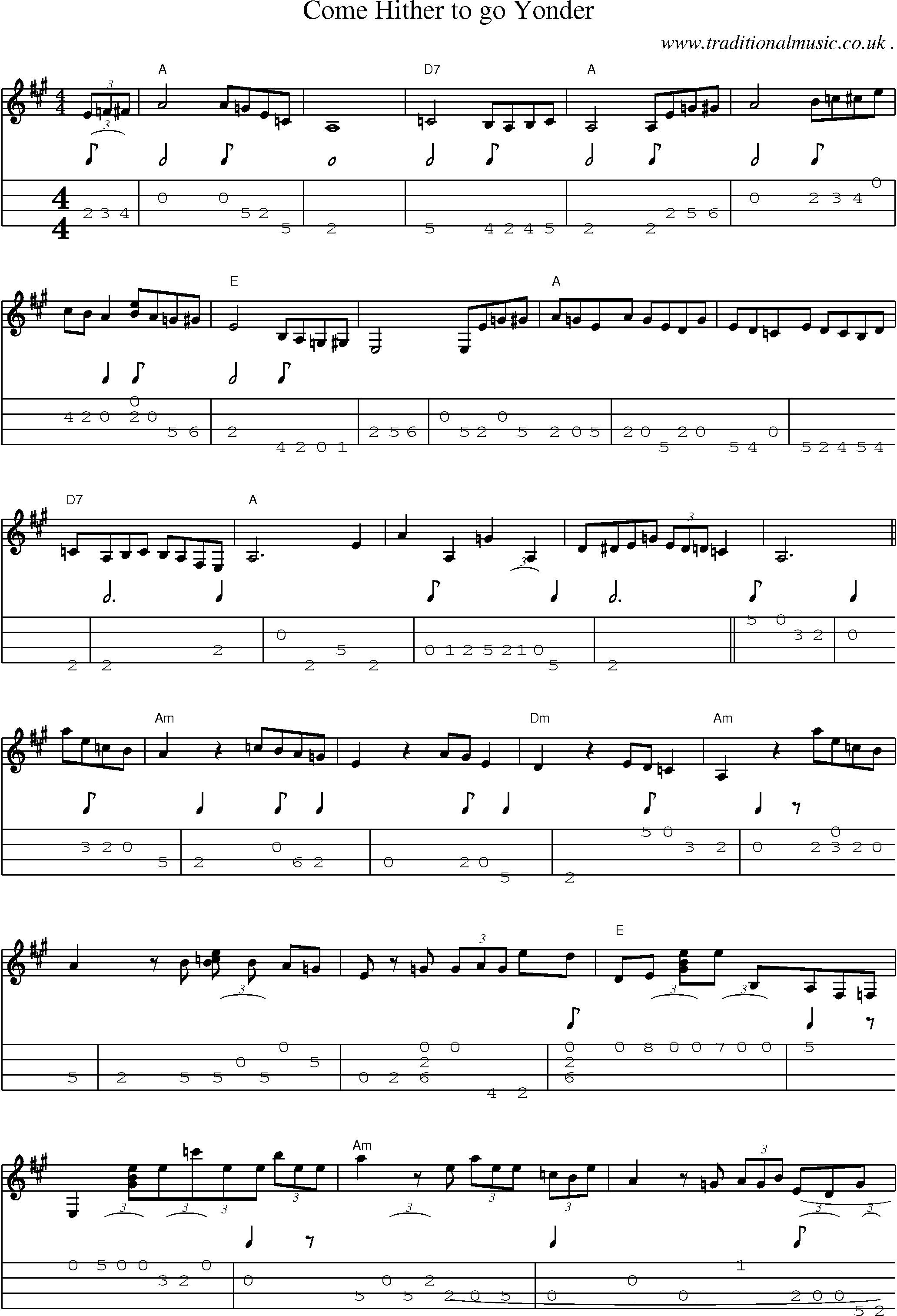 Music Score and Mandolin Tabs for Come Hither To Go Yonder