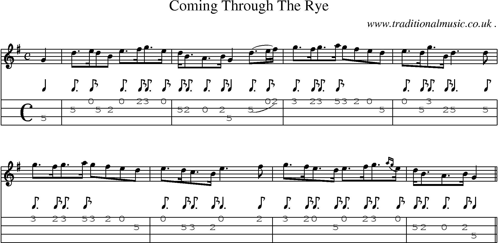 Music Score and Mandolin Tabs for Coming Through The Rye 