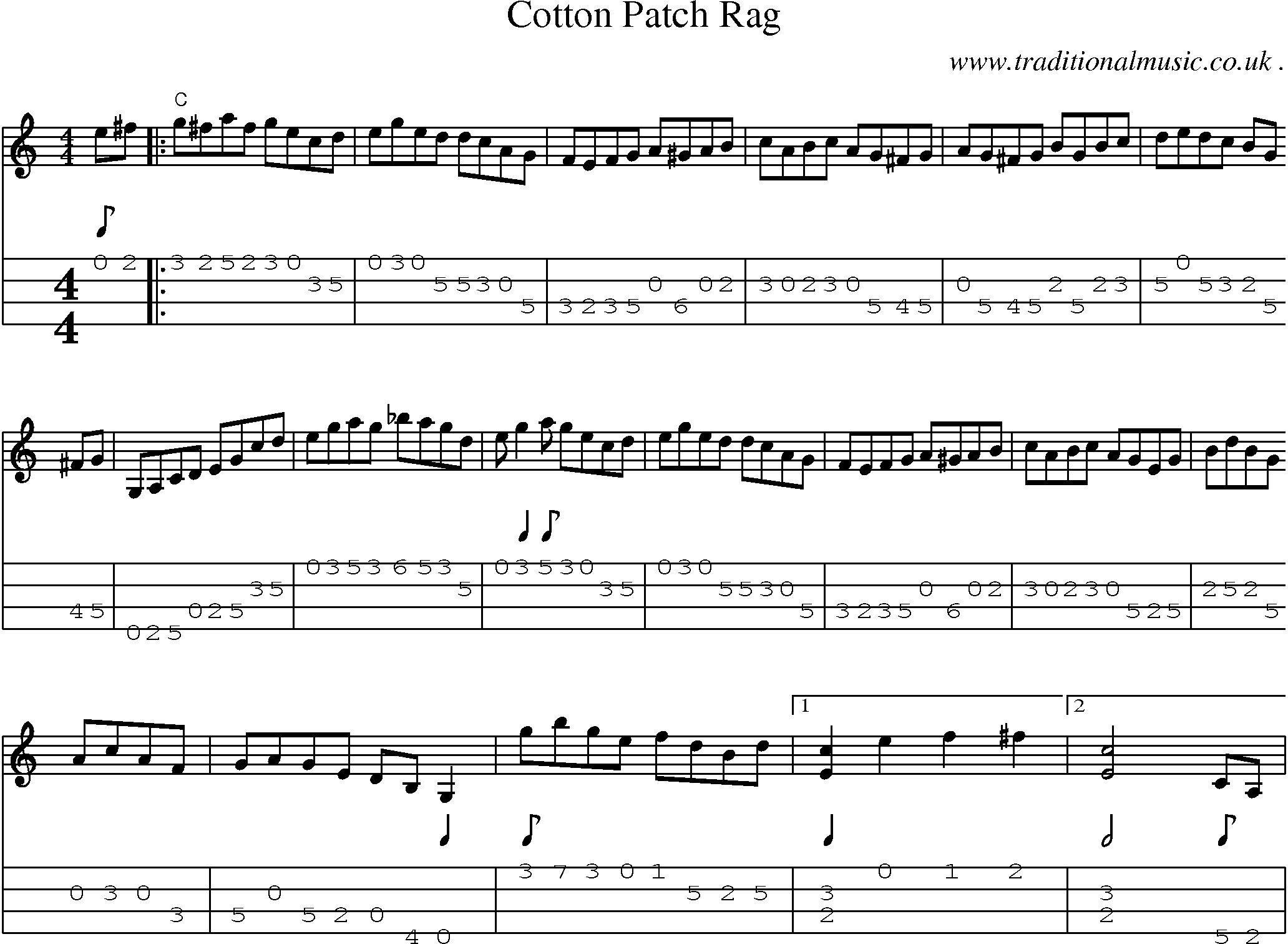 Music Score and Mandolin Tabs for Cotton Patch Rag