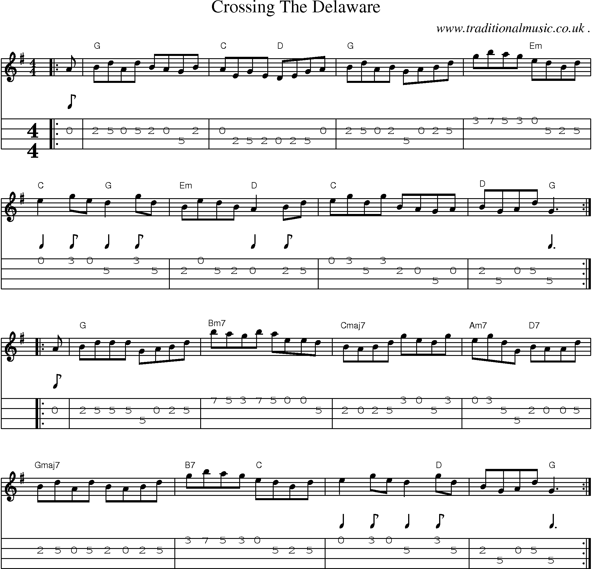 Music Score and Mandolin Tabs for Crossing The Delaware