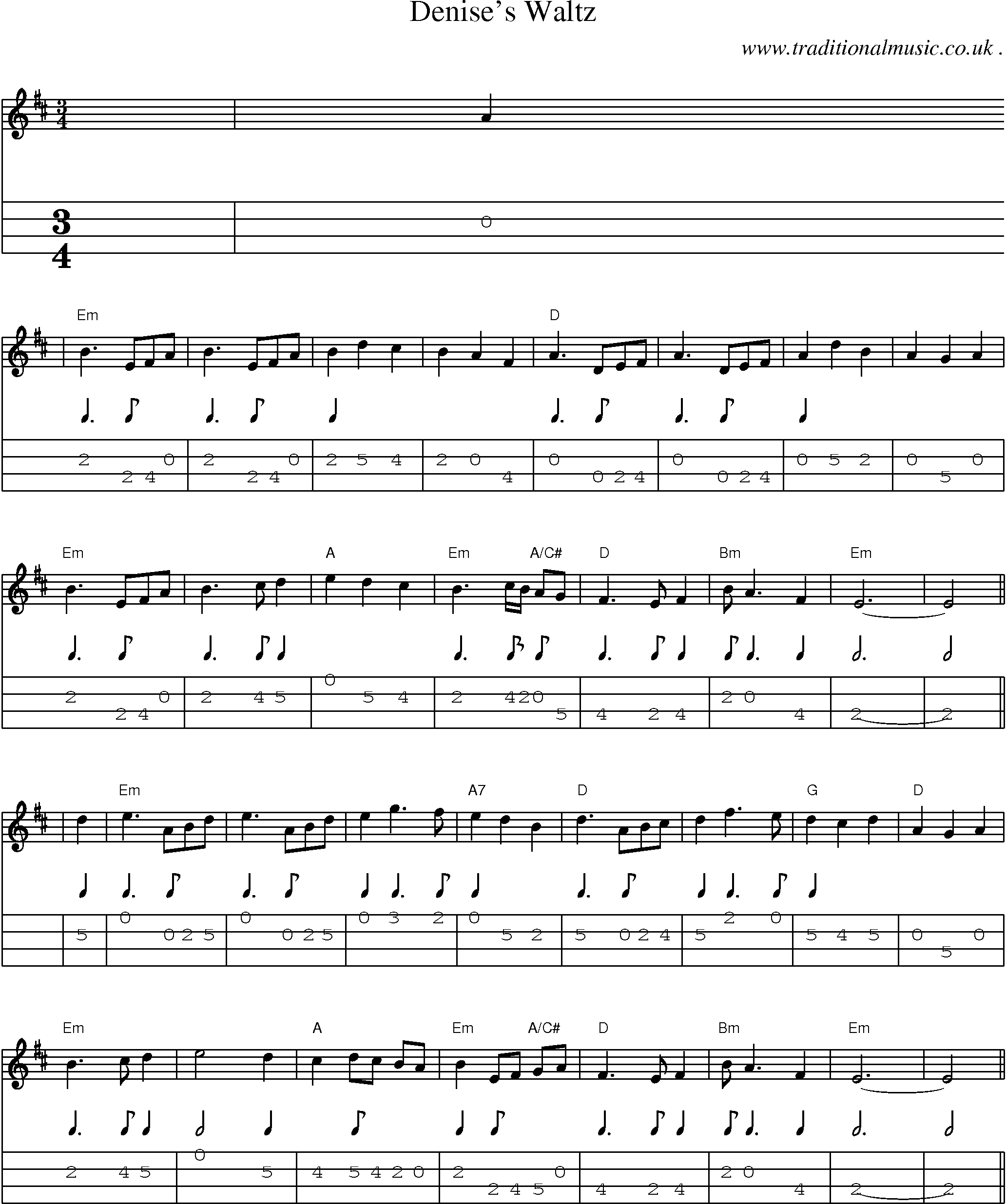 Music Score and Mandolin Tabs for Denises Waltz