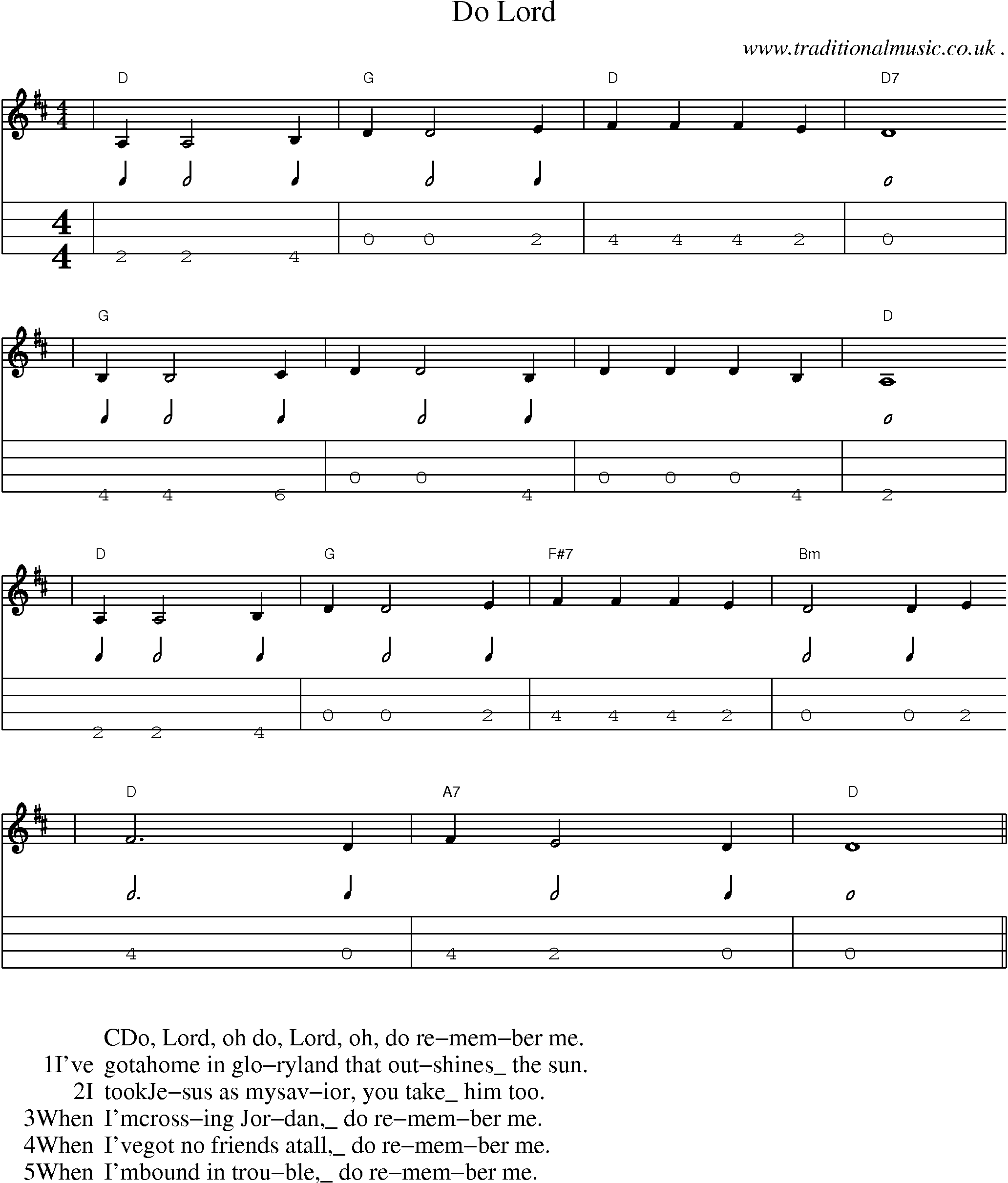 Music Score and Mandolin Tabs for Do Lord