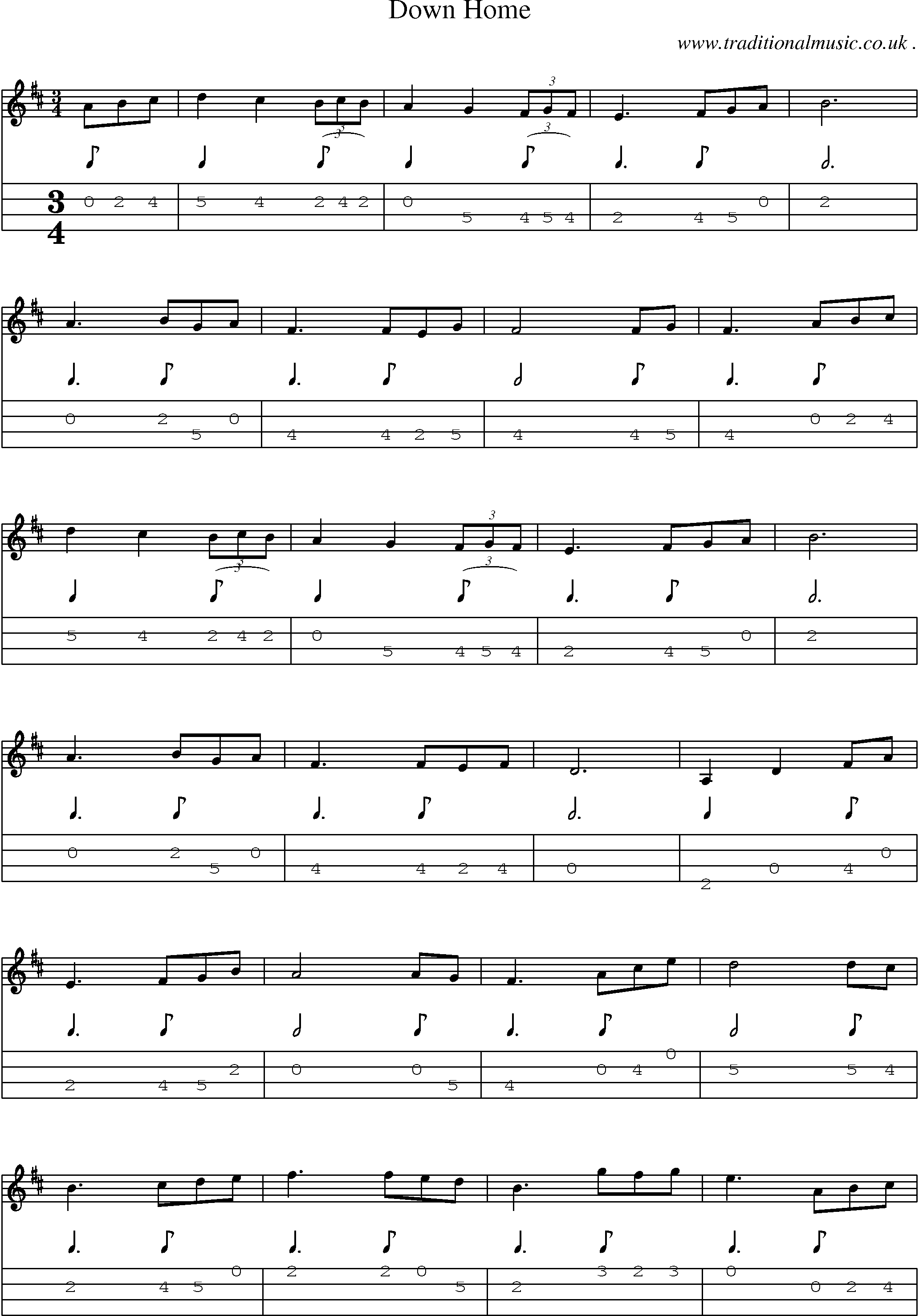 Music Score and Mandolin Tabs for Down Home