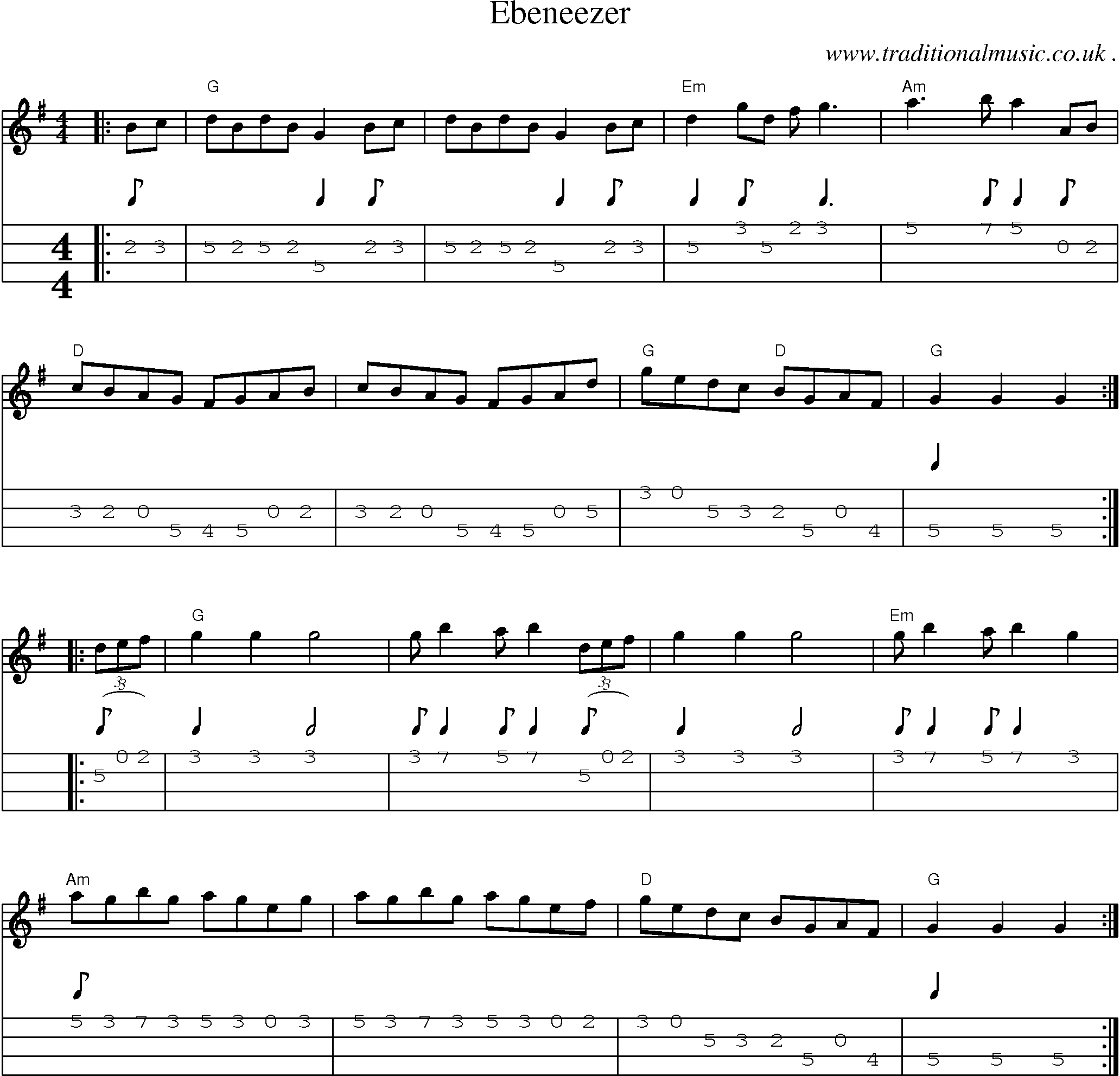 Music Score and Mandolin Tabs for Ebeneezer