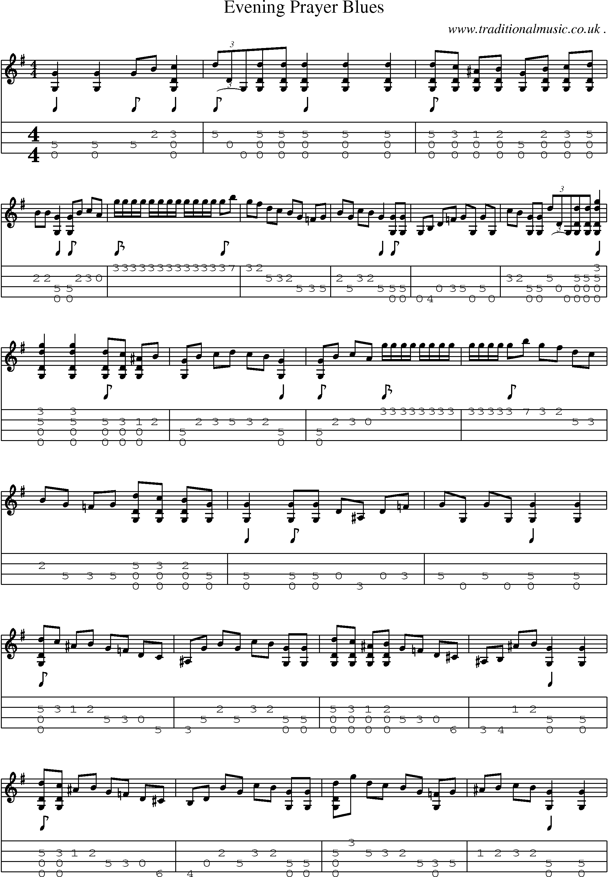 Music Score and Mandolin Tabs for Evening Prayer Blues