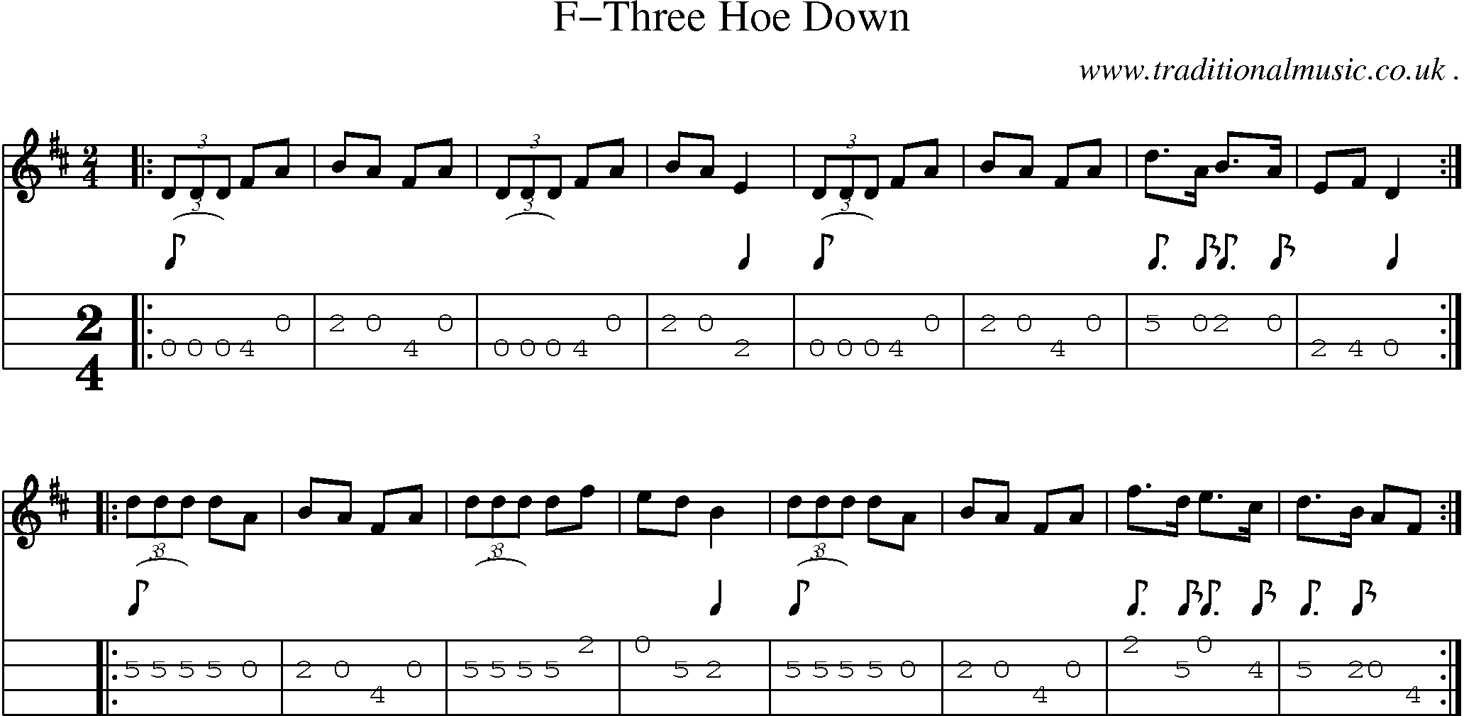 Music Score and Mandolin Tabs for F-three Hoe Down