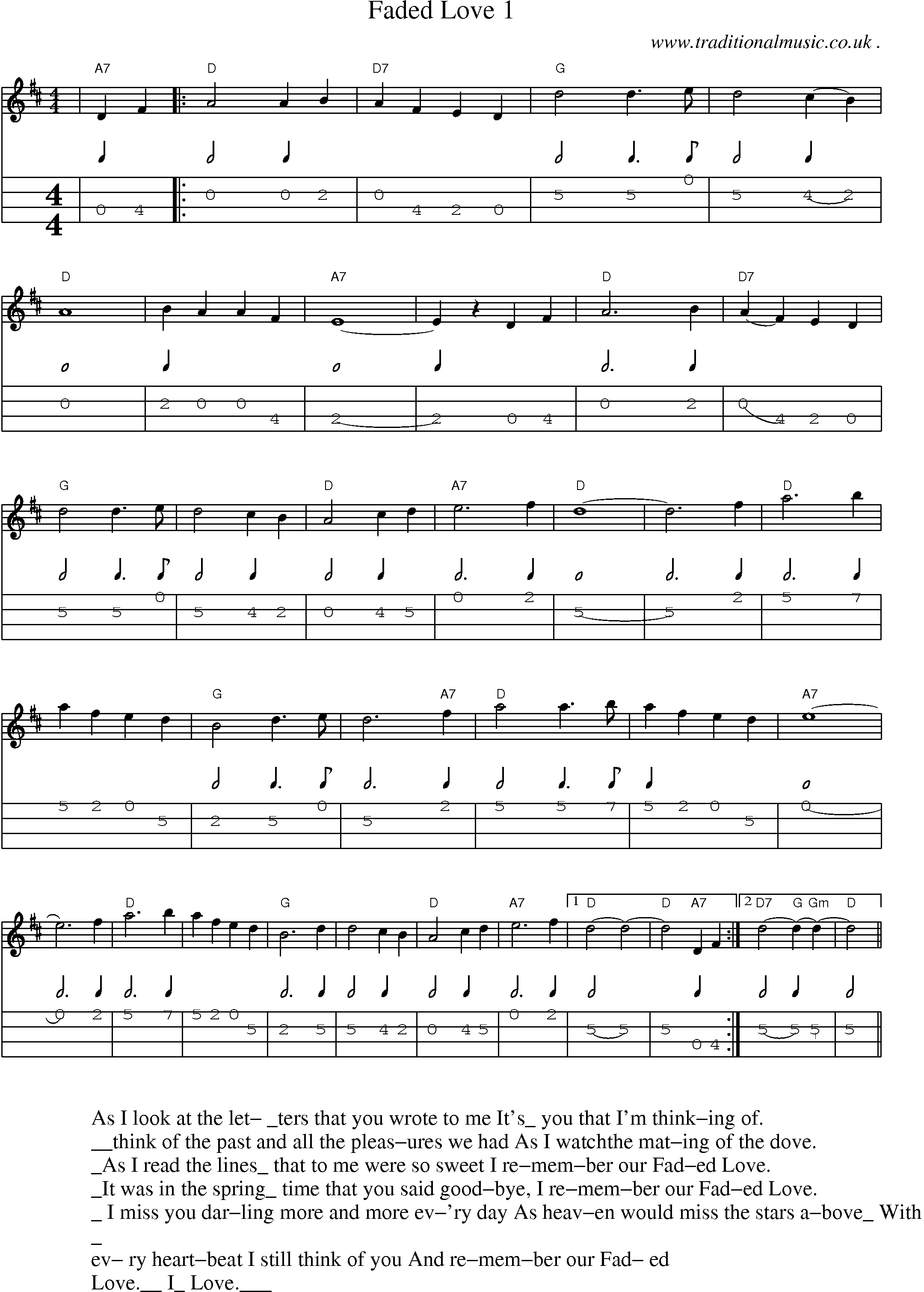 Music Score and Mandolin Tabs for Faded Love 1