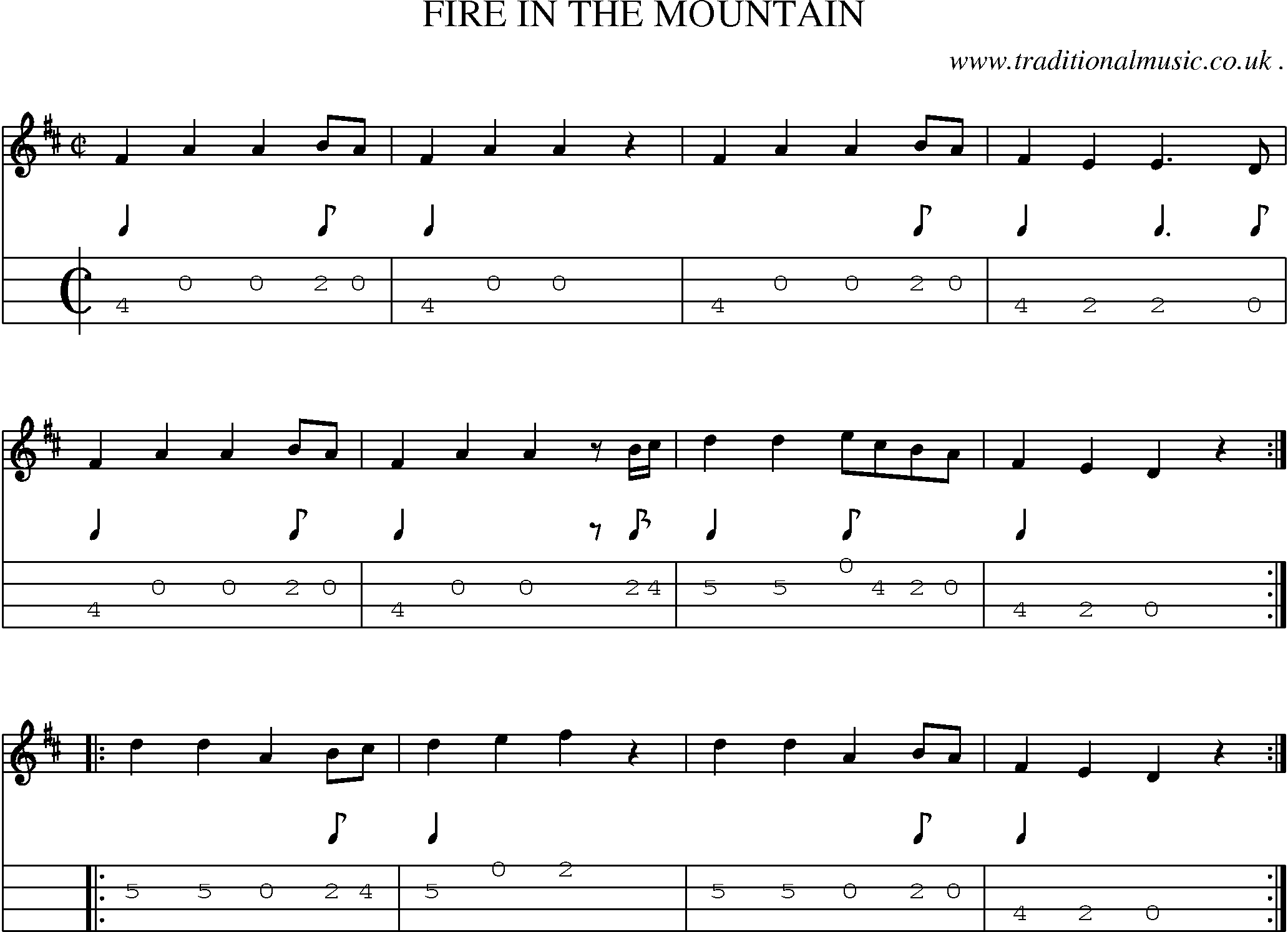 Music Score and Mandolin Tabs for Fire In The Mountain