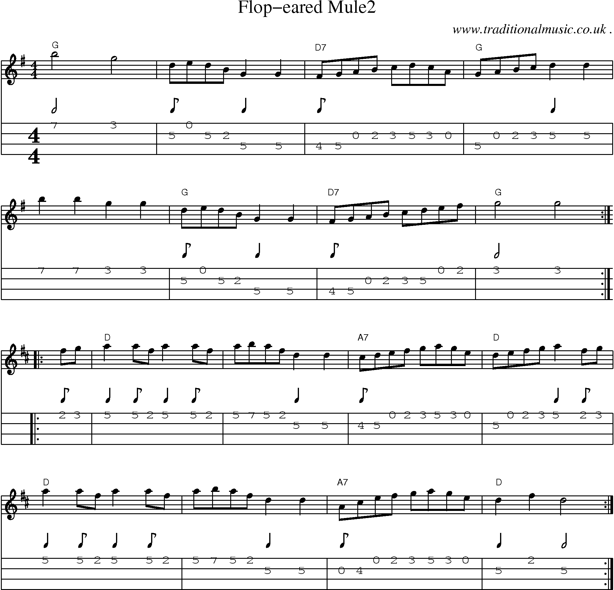 Music Score and Mandolin Tabs for Flop-eared Mule2