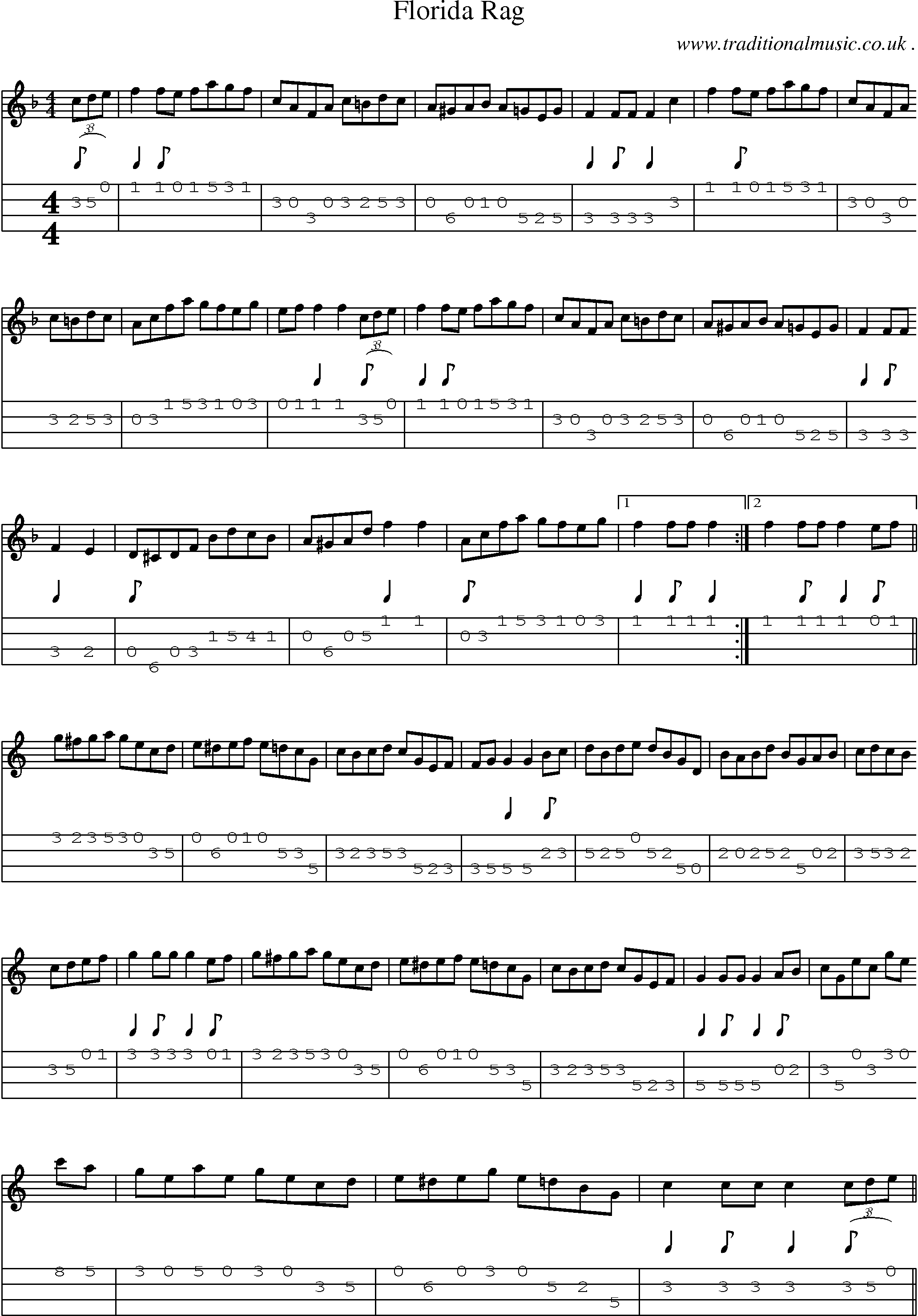 Music Score and Mandolin Tabs for Florida Rag