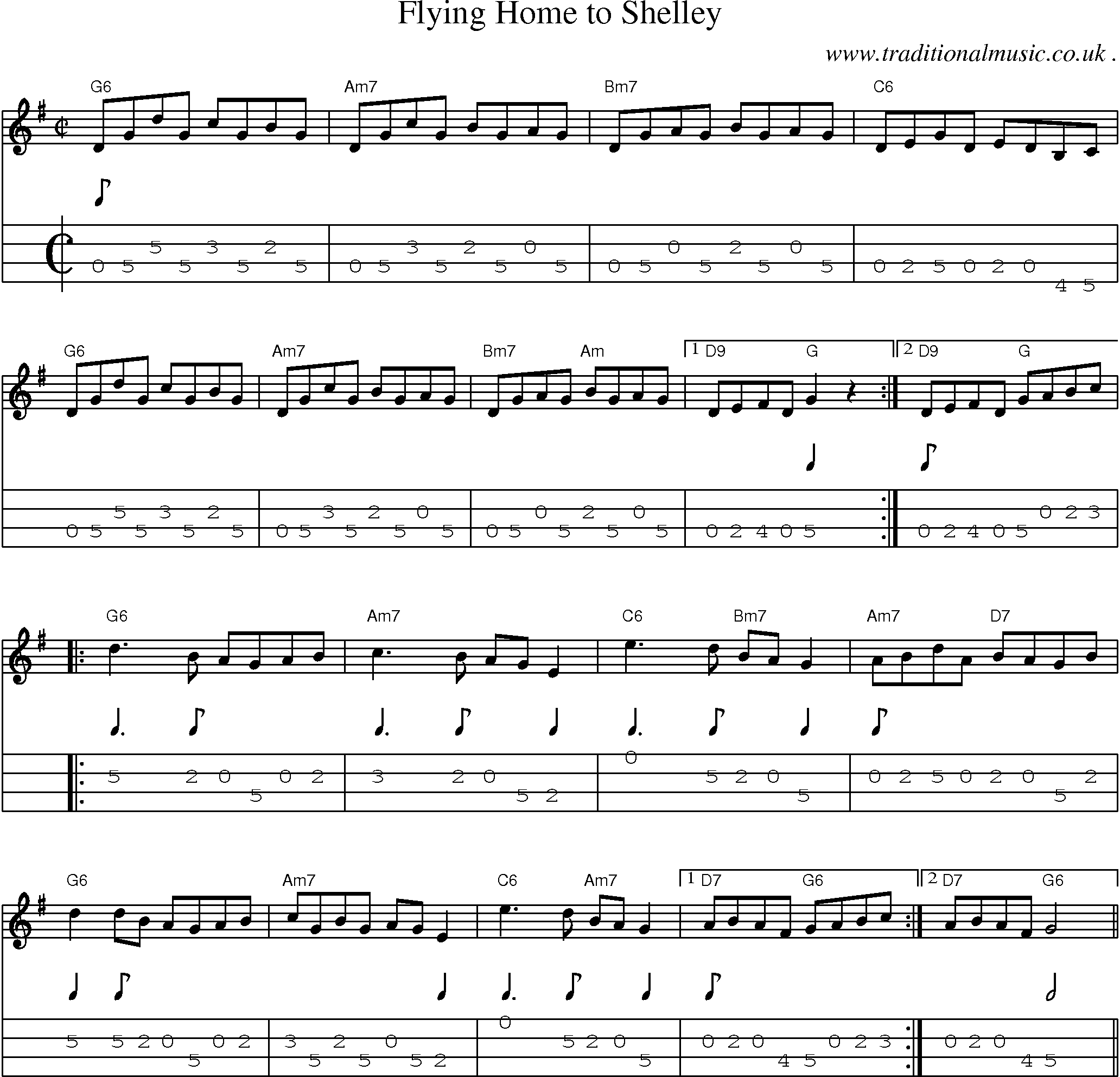 Music Score and Mandolin Tabs for Flying Home To Shelley