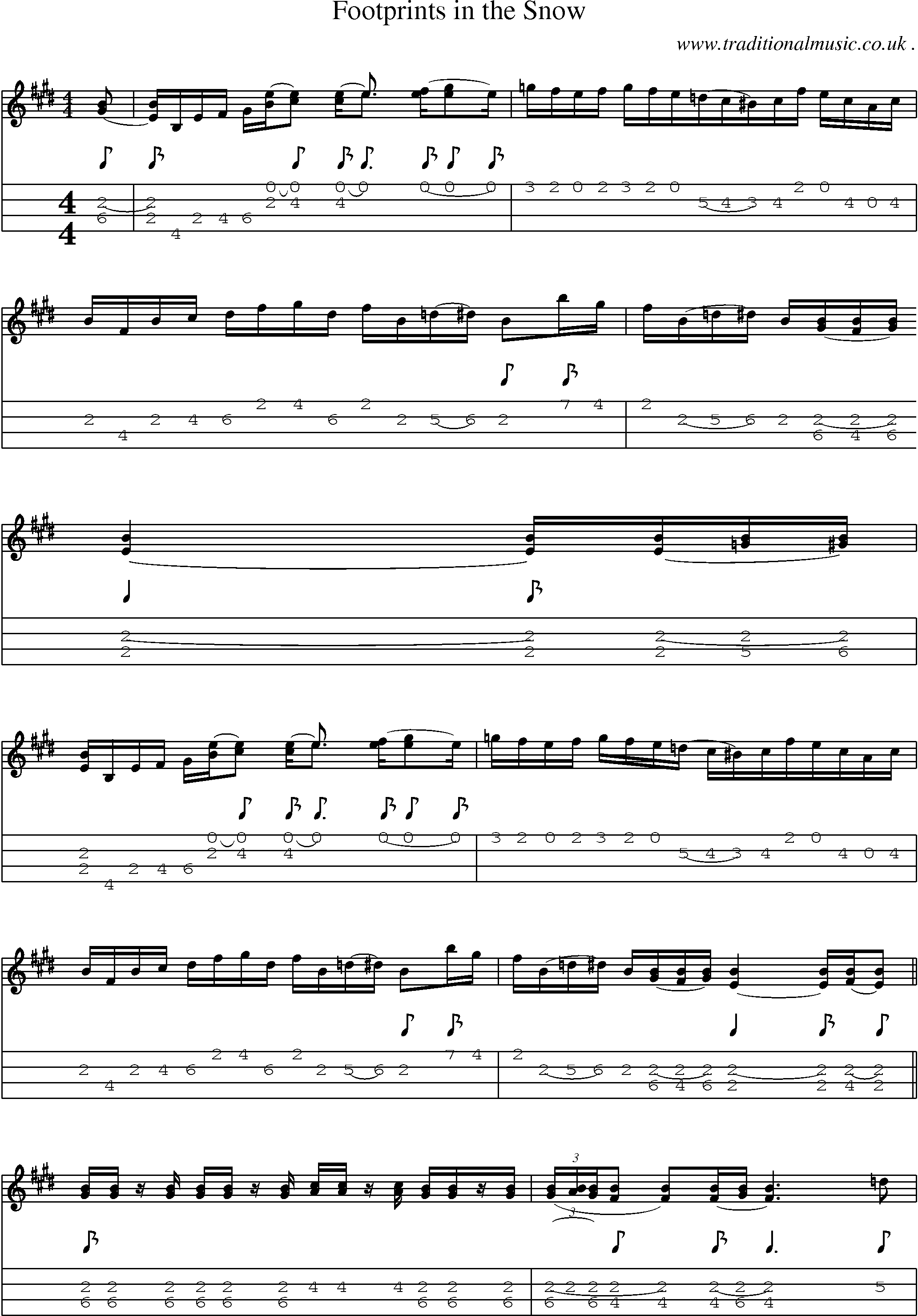 Music Score and Mandolin Tabs for Footprints In The Snow