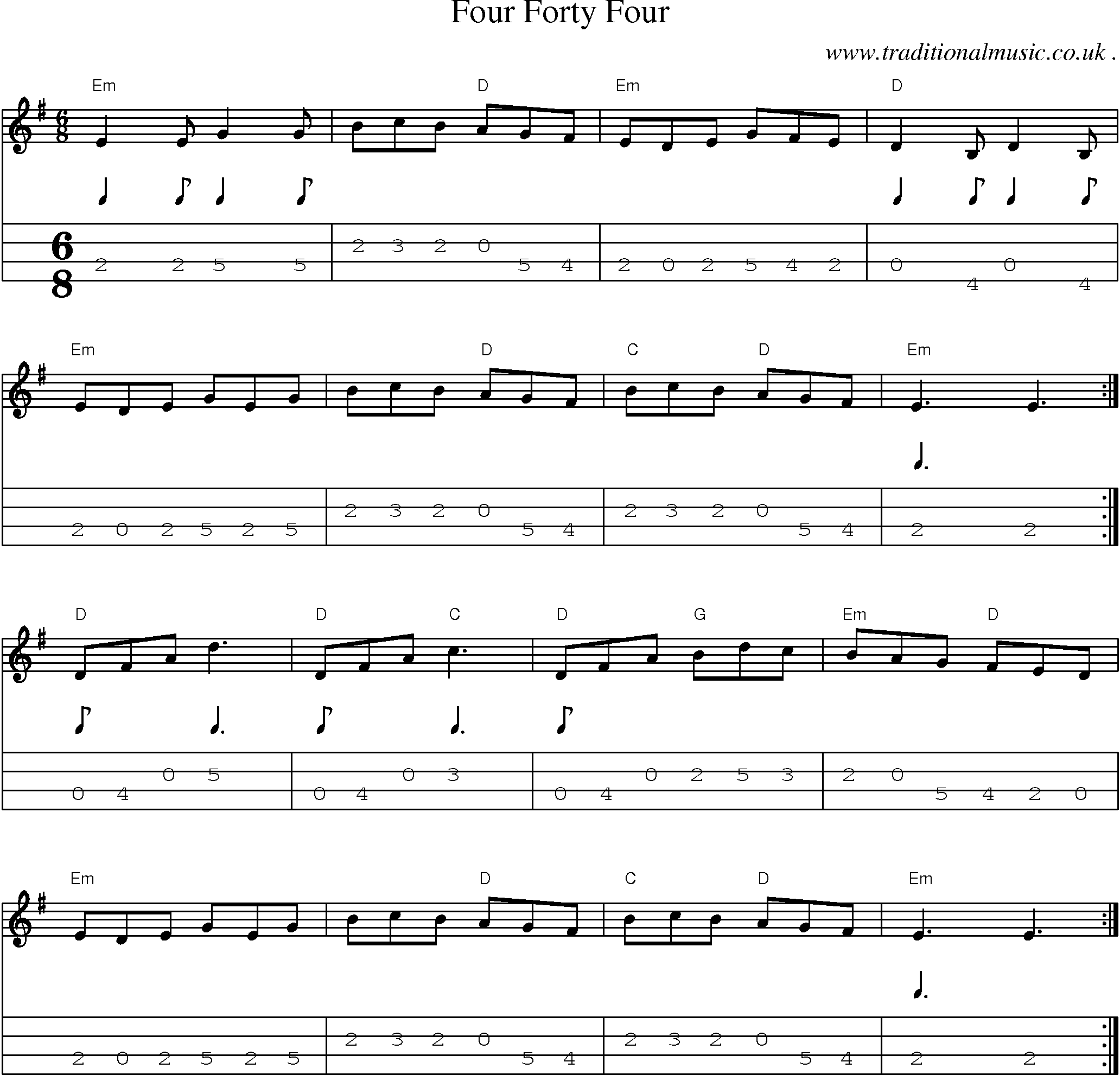 Music Score and Mandolin Tabs for Four Forty Four
