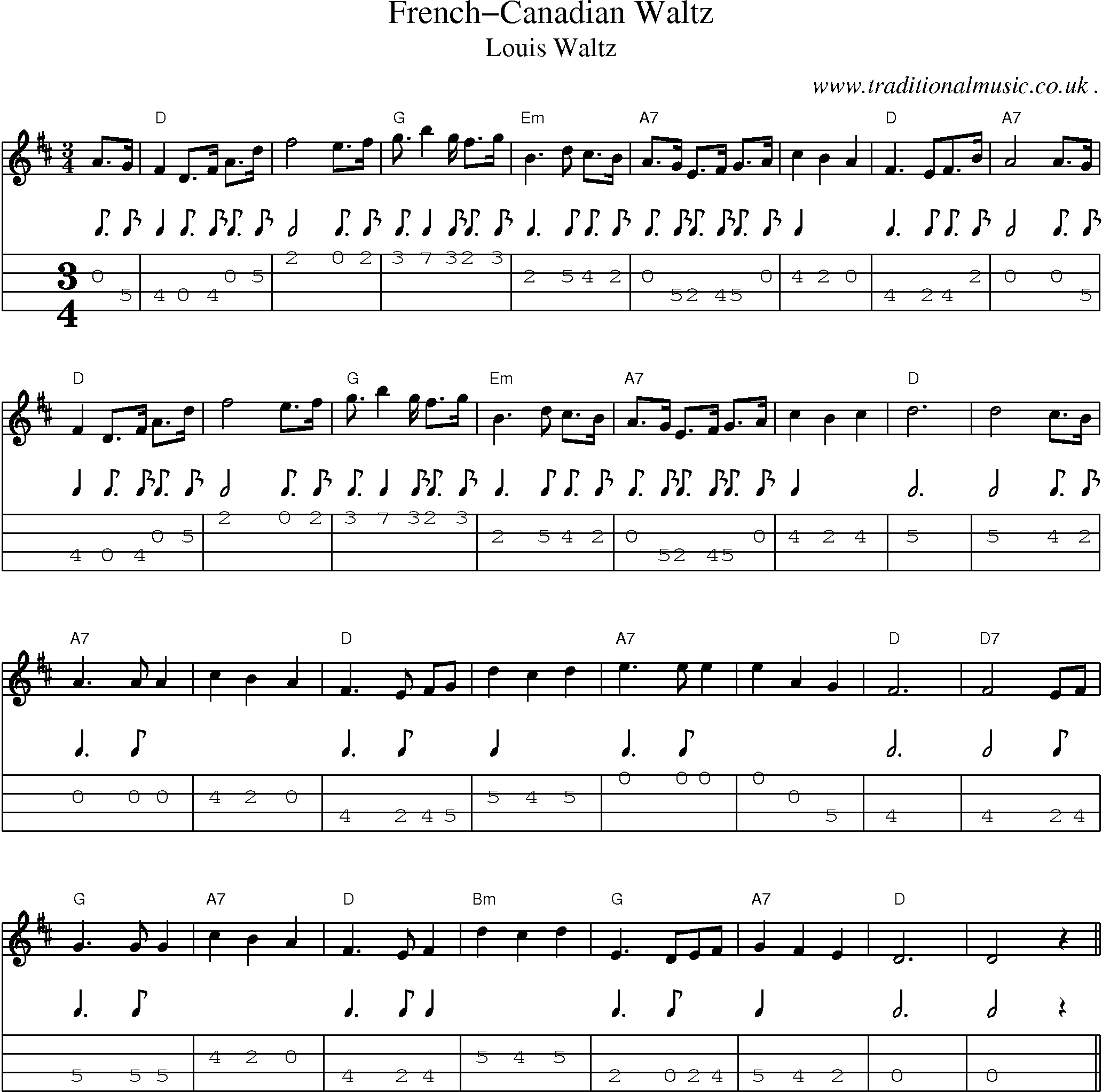 Music Score and Mandolin Tabs for French-canadian Waltz