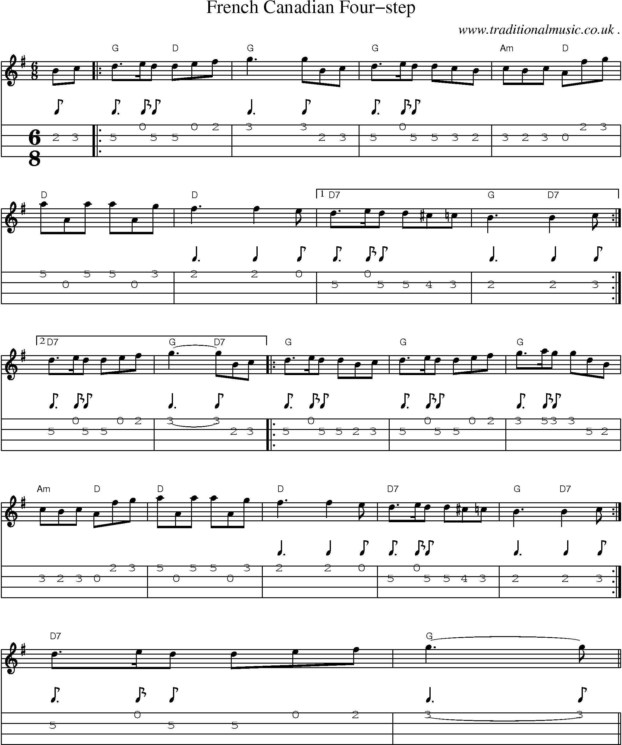 Music Score and Mandolin Tabs for French Canadian Four-step