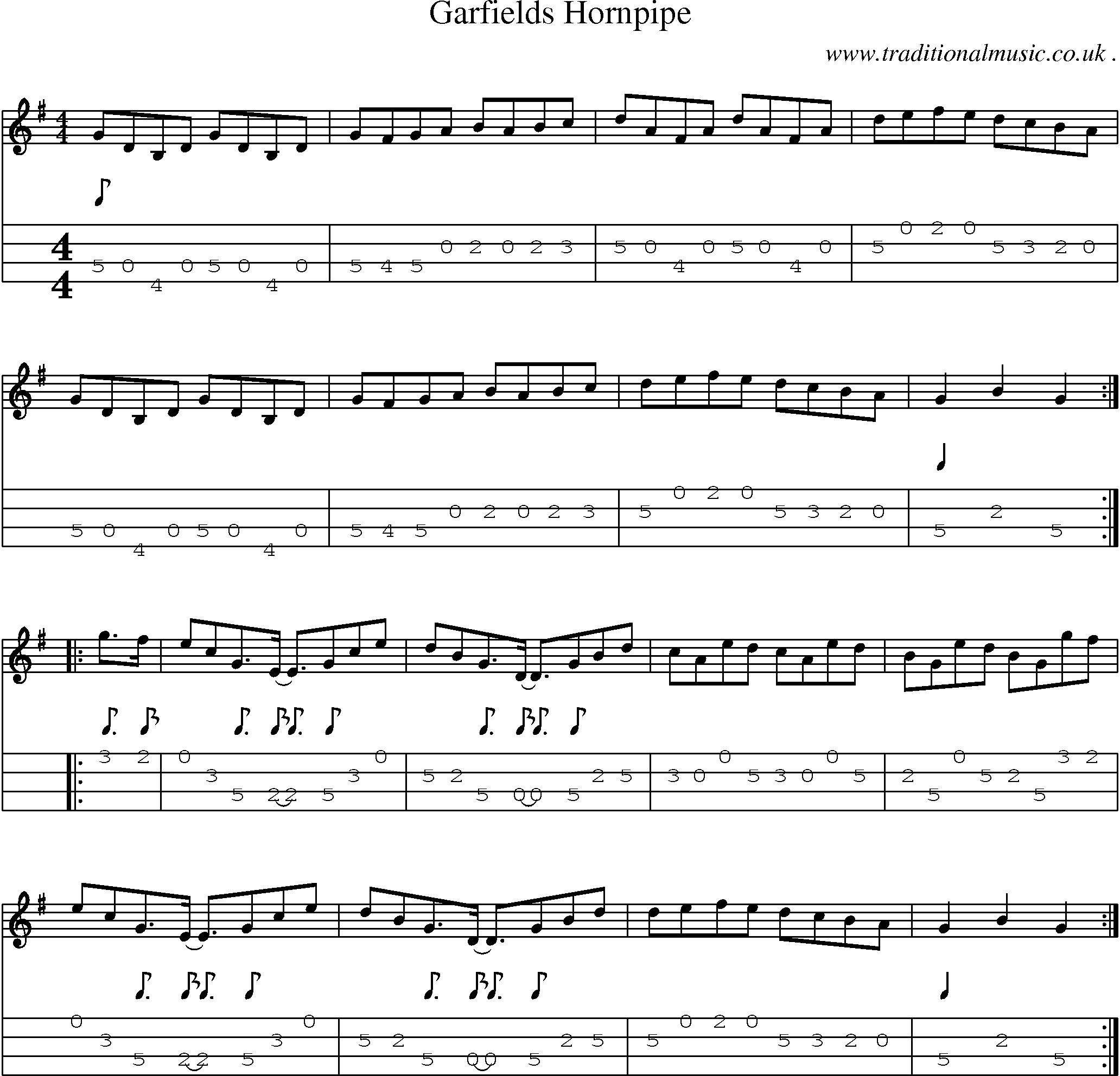 Music Score and Mandolin Tabs for Garfields Hornpipe