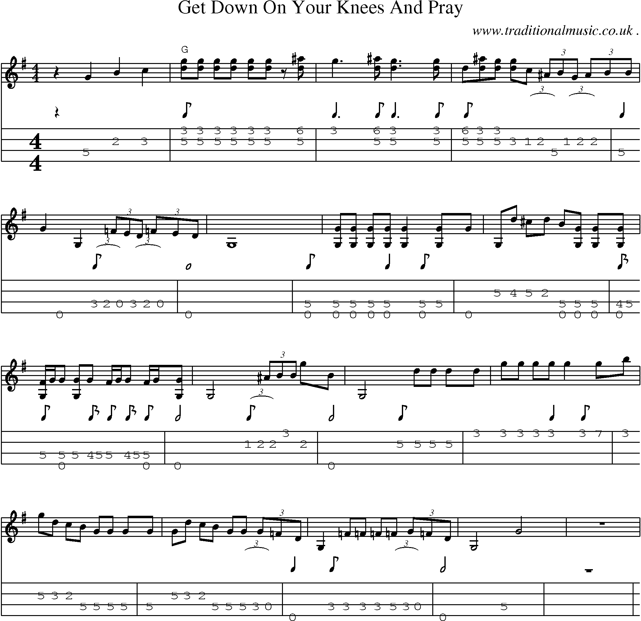 Music Score and Mandolin Tabs for Get Down On Your Knees And Pray