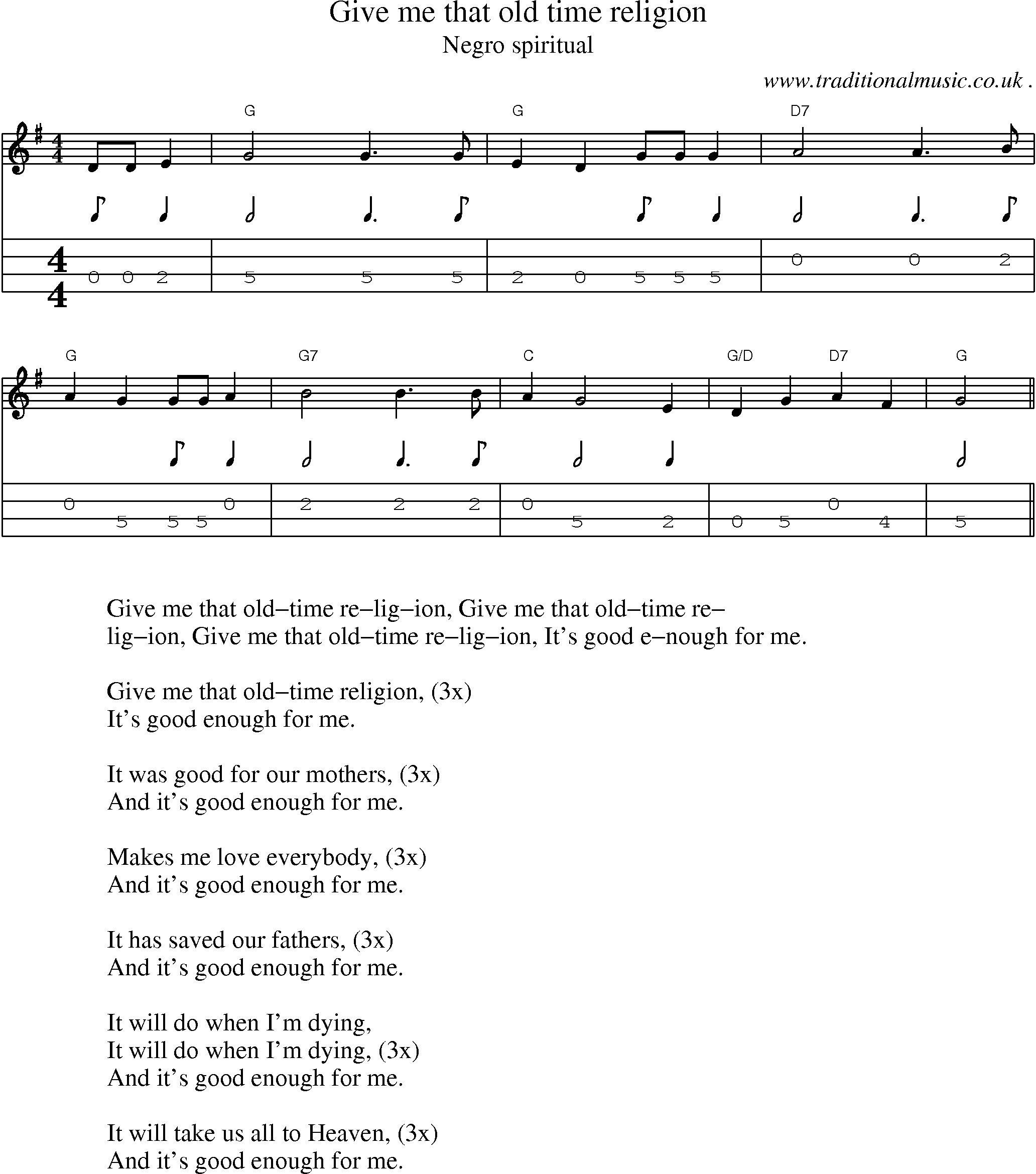Music Score and Mandolin Tabs for Give Me That Old Time Religion