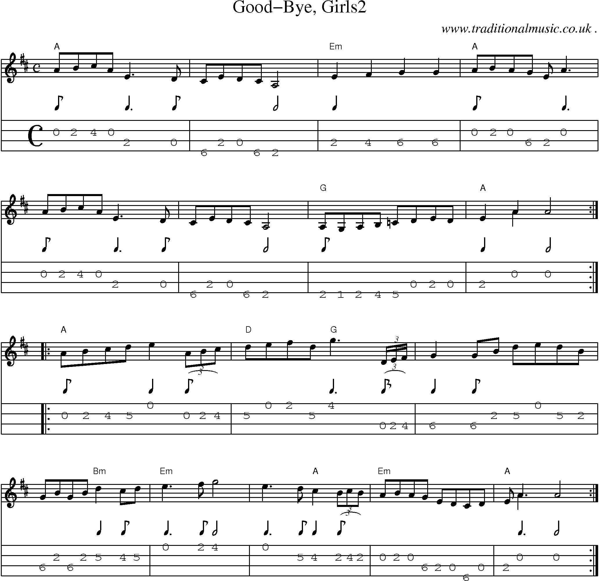 Music Score and Mandolin Tabs for Good-bye Girls2