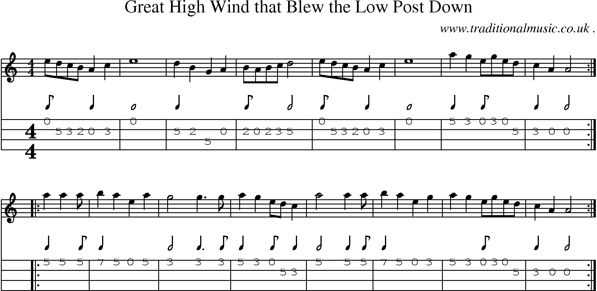 Music Score and Mandolin Tabs for Great High Wind That Blew The Low Post Down