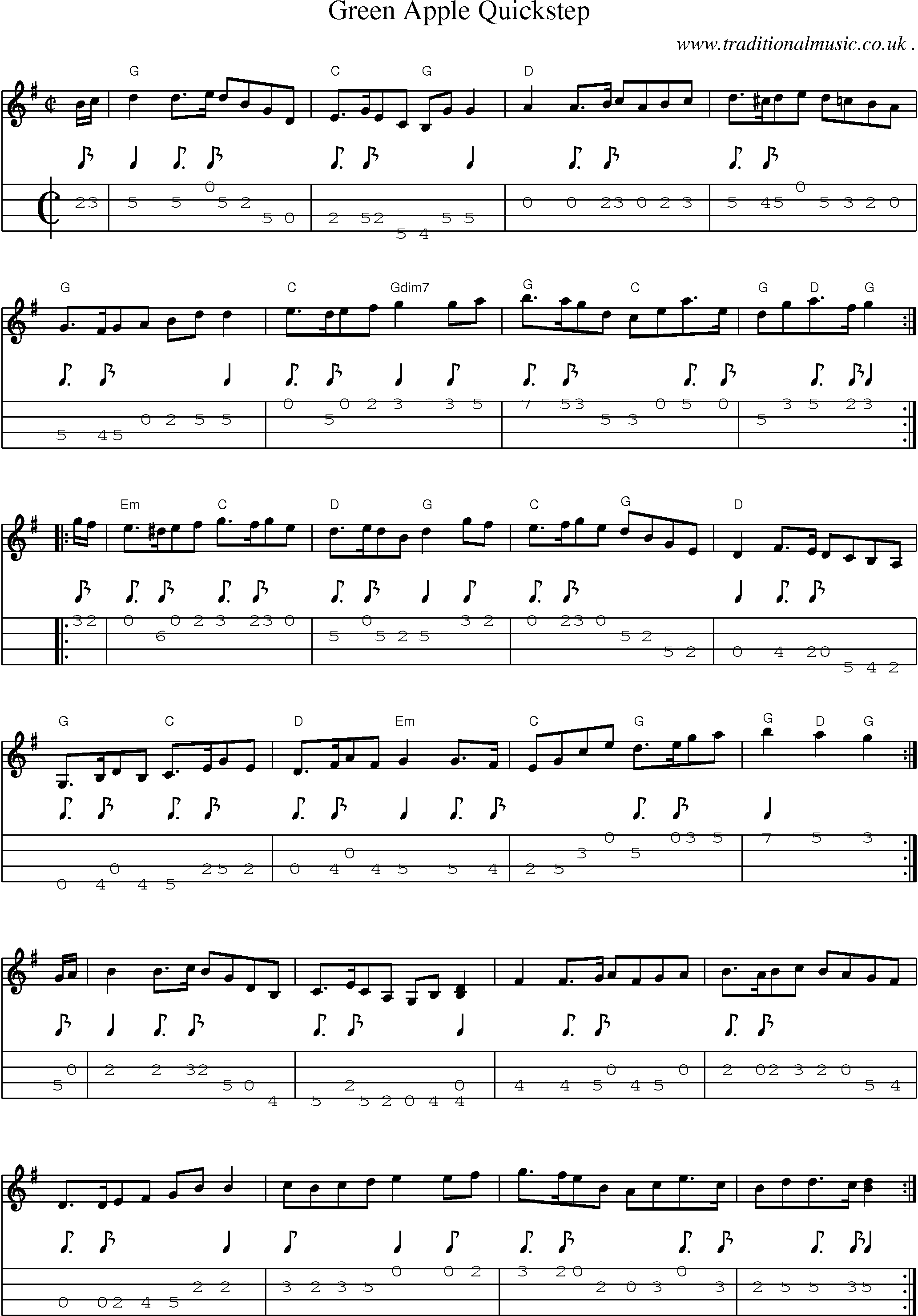 Music Score and Mandolin Tabs for Green Apple Quickstep