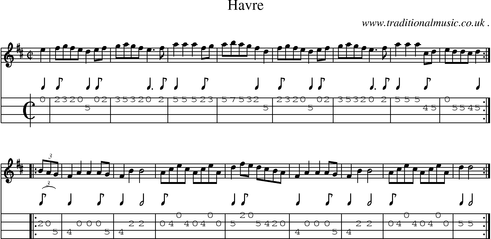 Music Score and Mandolin Tabs for Havre