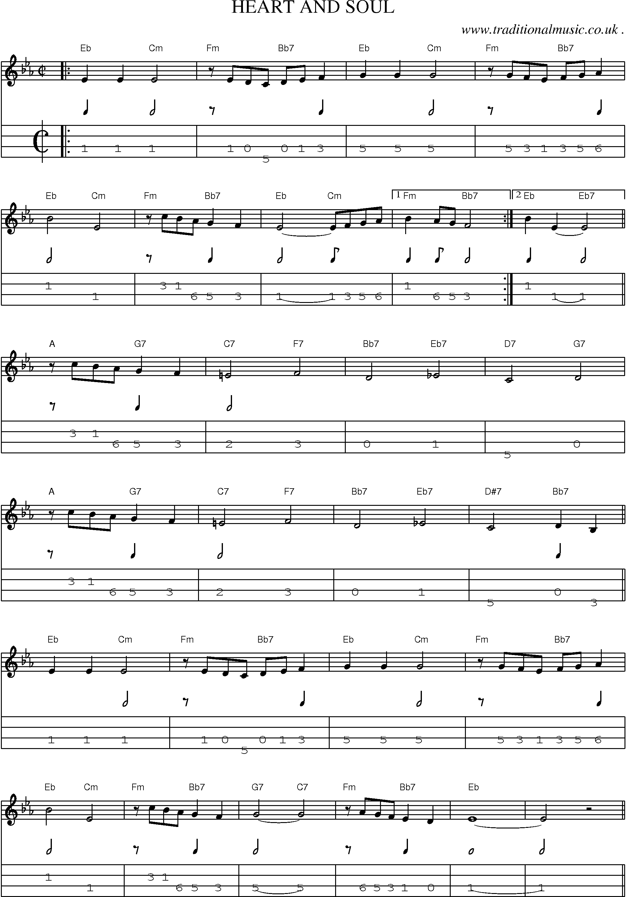 Music Score and Mandolin Tabs for Heart And Soul