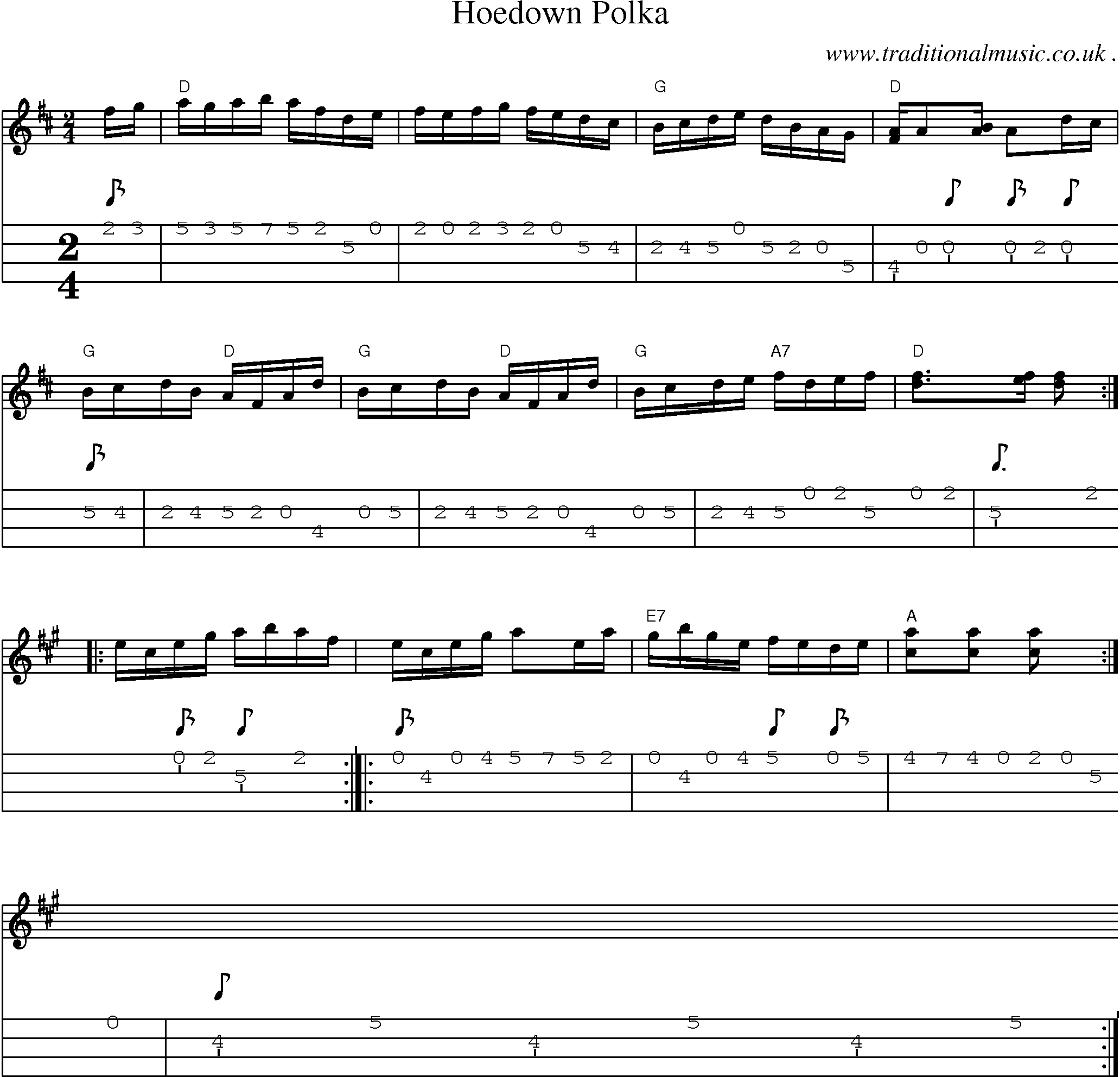 Music Score and Mandolin Tabs for Hoedown Polka