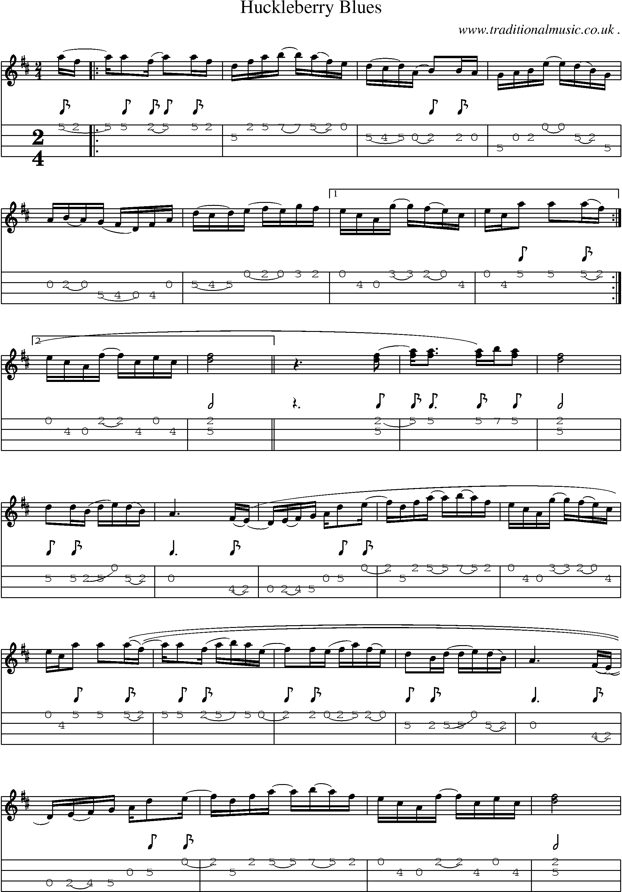 Music Score and Mandolin Tabs for Huckleberry Blues