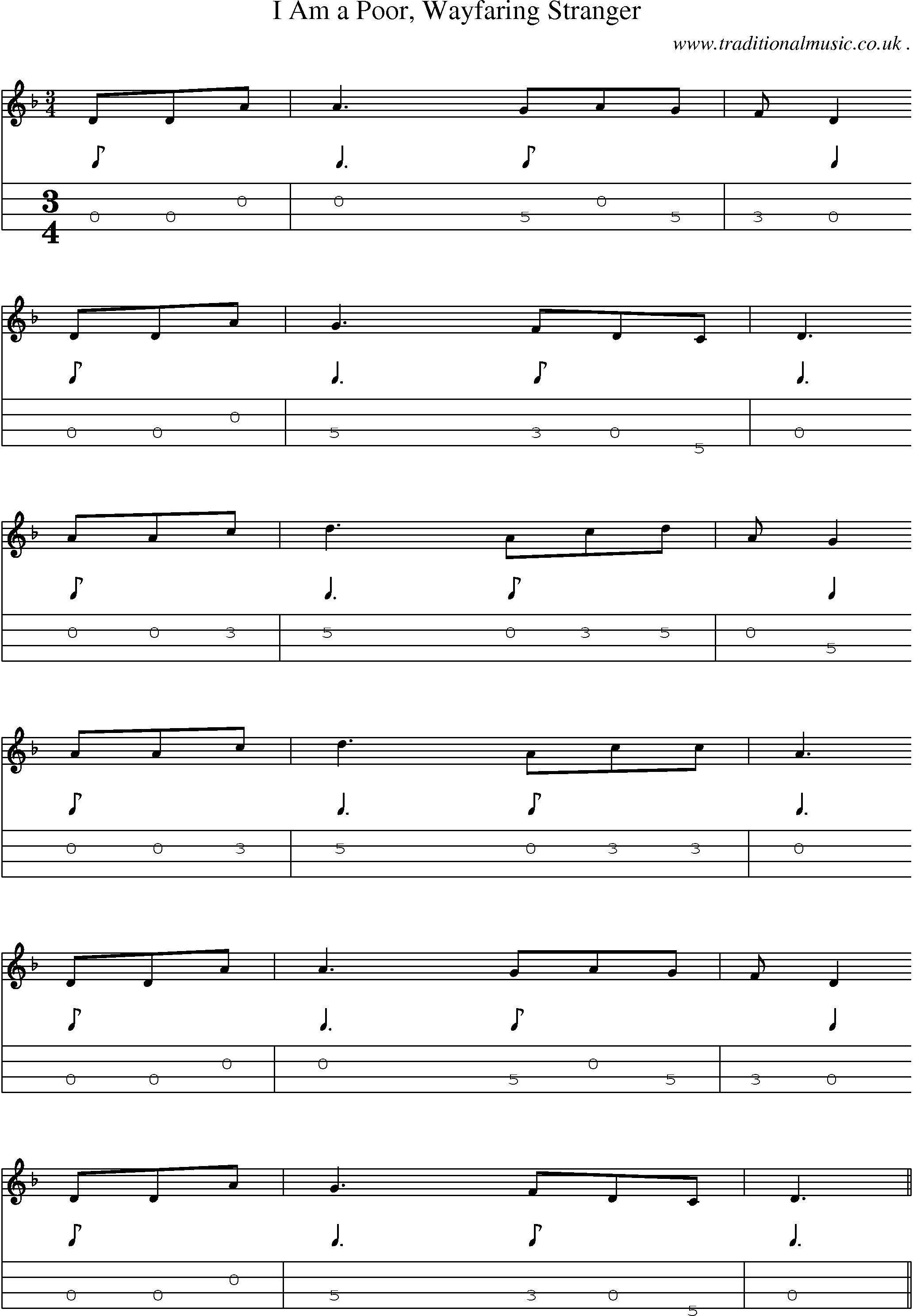 Music Score and Mandolin Tabs for I Am A Poor Wayfaring Stranger