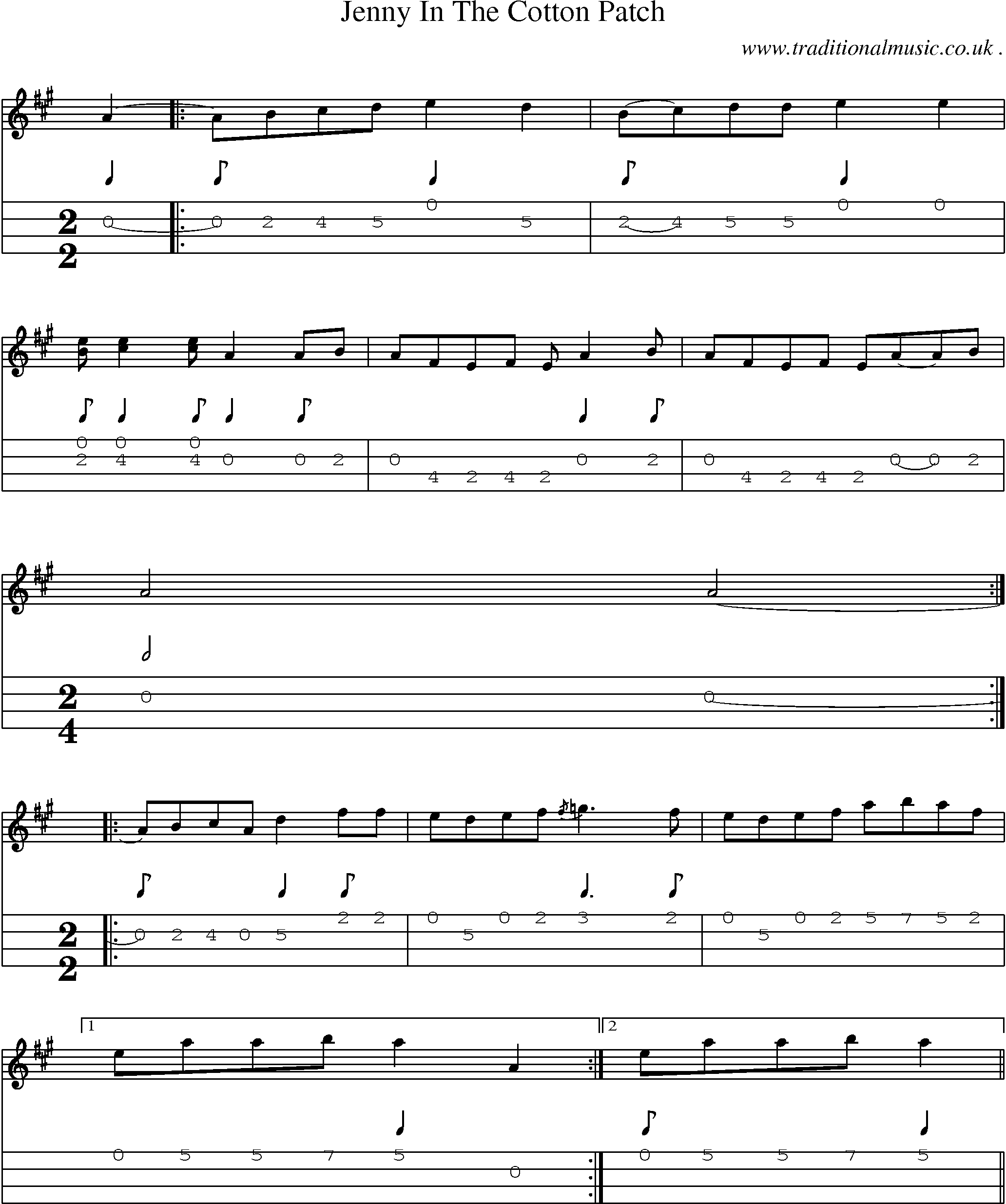 Music Score and Mandolin Tabs for Jenny In The Cotton Patch
