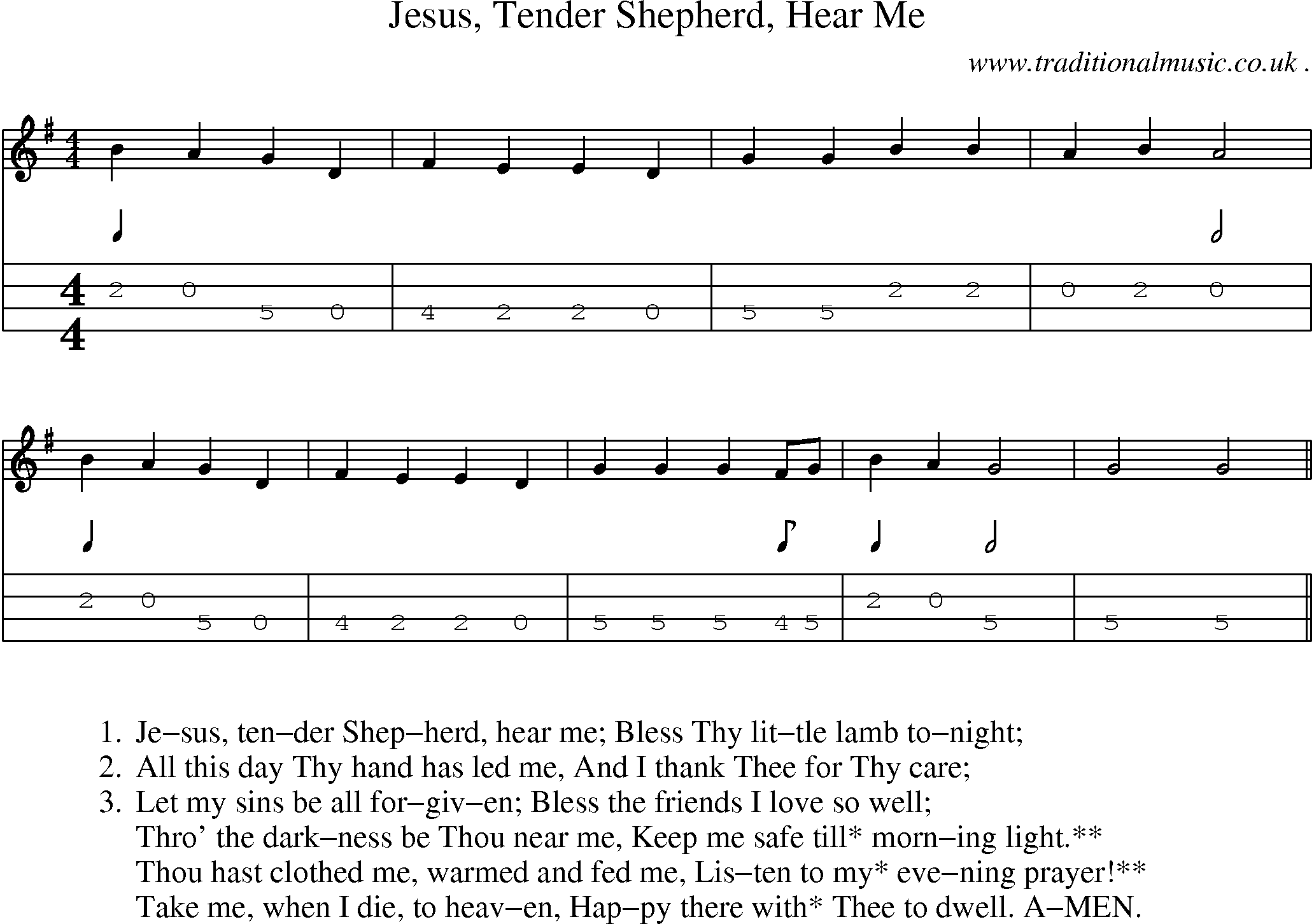 Music Score and Mandolin Tabs for Jesus Tender Shepherd Hear Me