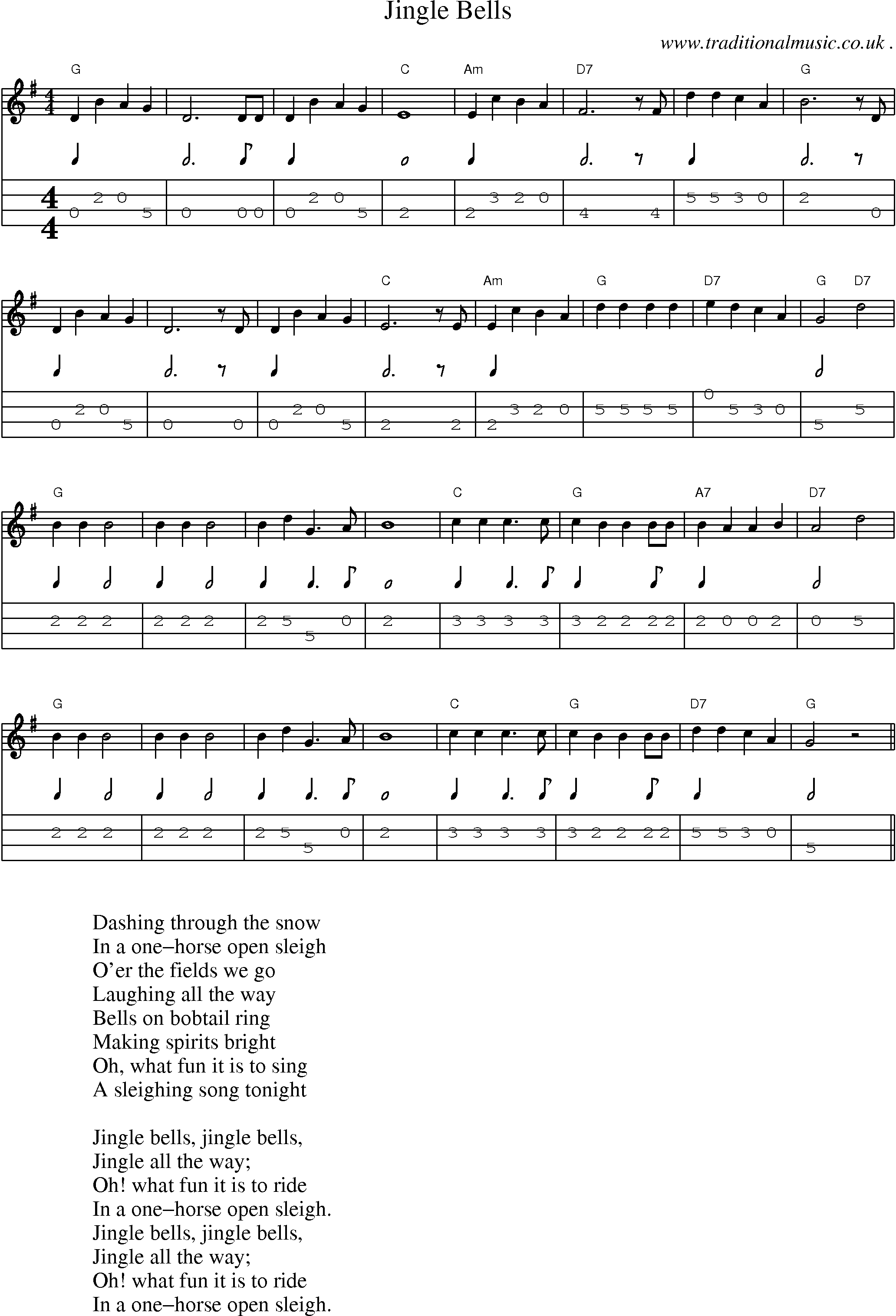 Music Score and Mandolin Tabs for Jingle Bells