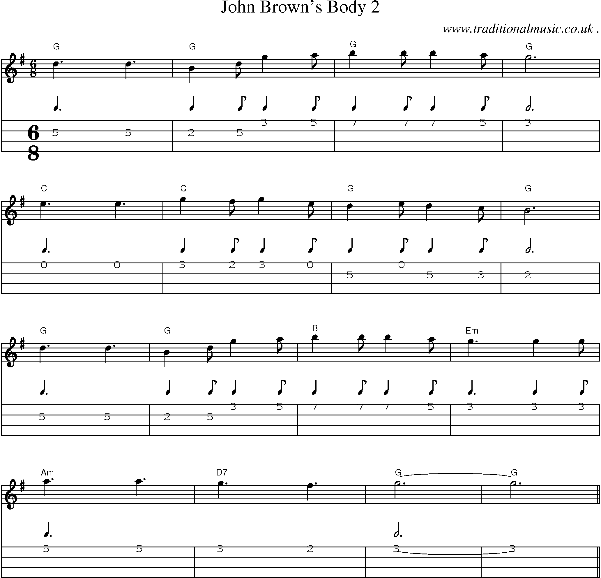 Music Score and Mandolin Tabs for John Browns Body 2