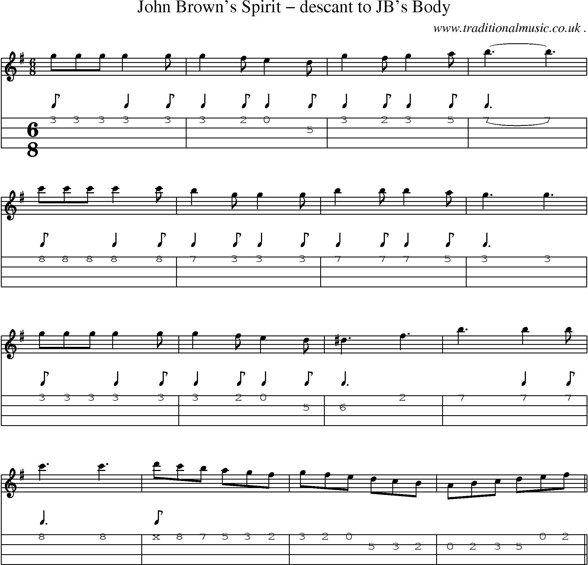 Music Score and Mandolin Tabs for John Browns Spirit Descant To Jbs Body