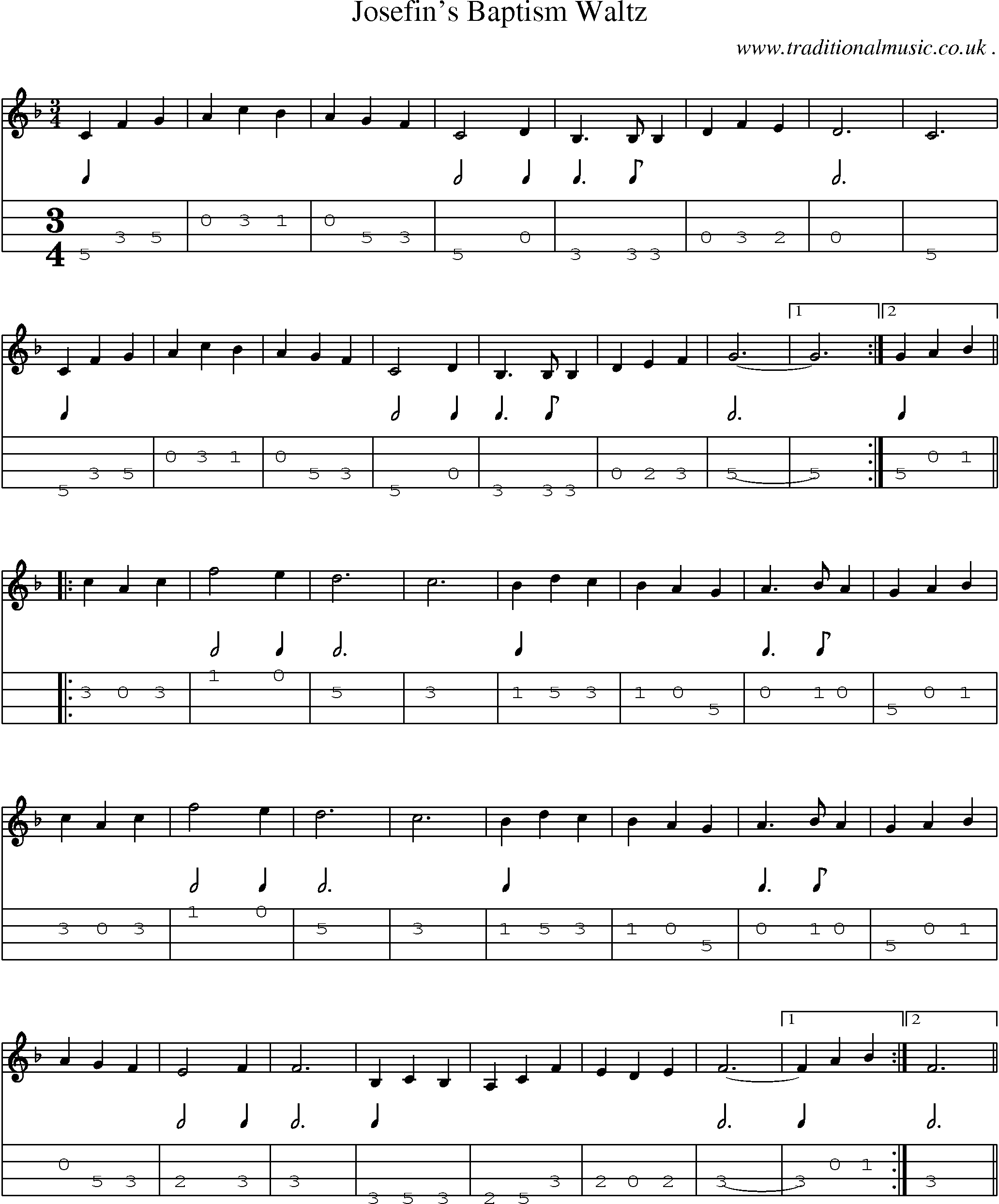Music Score and Mandolin Tabs for Josefins Baptism Waltz