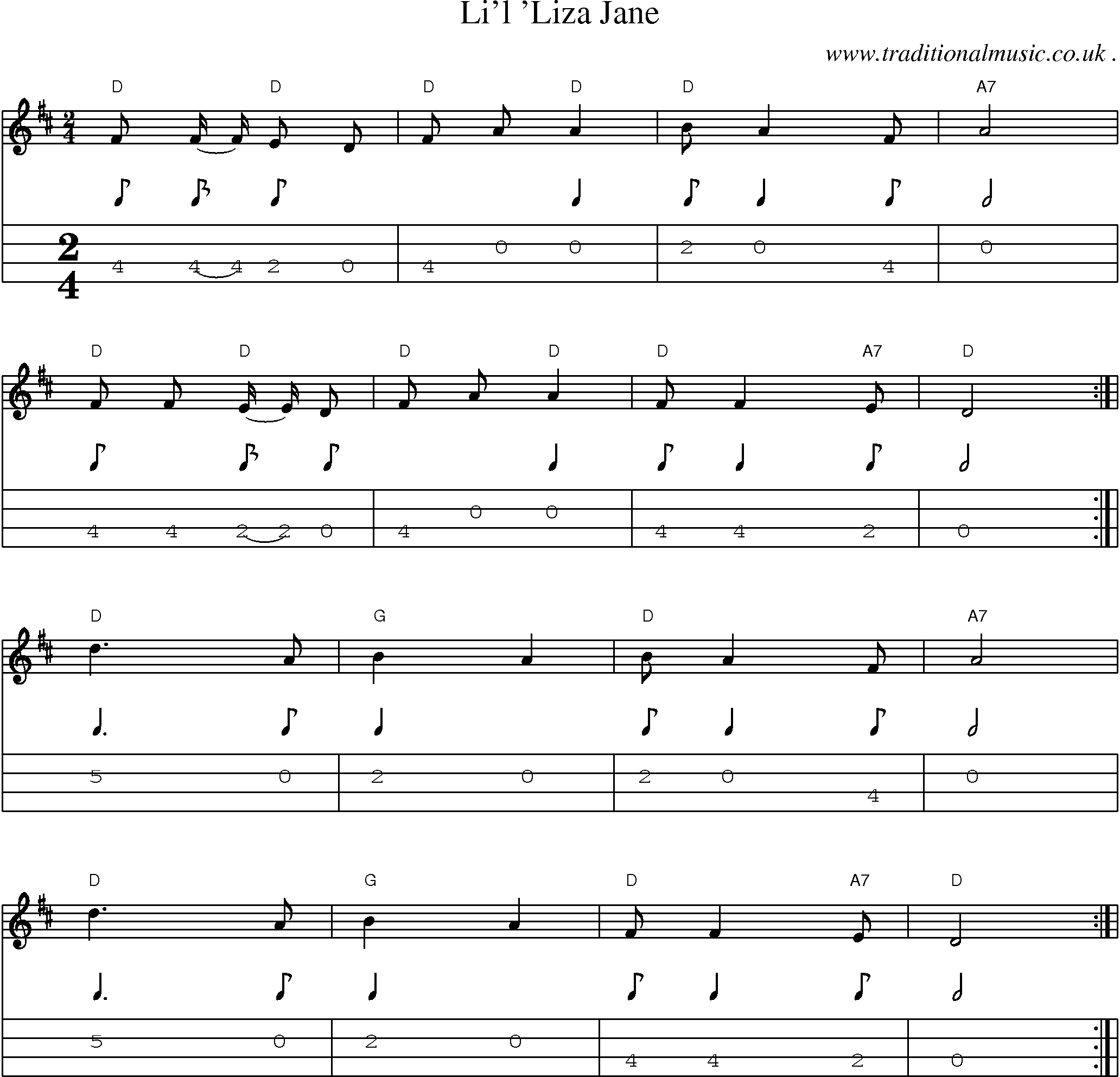 Music Score and Mandolin Tabs for Lil liza Jane