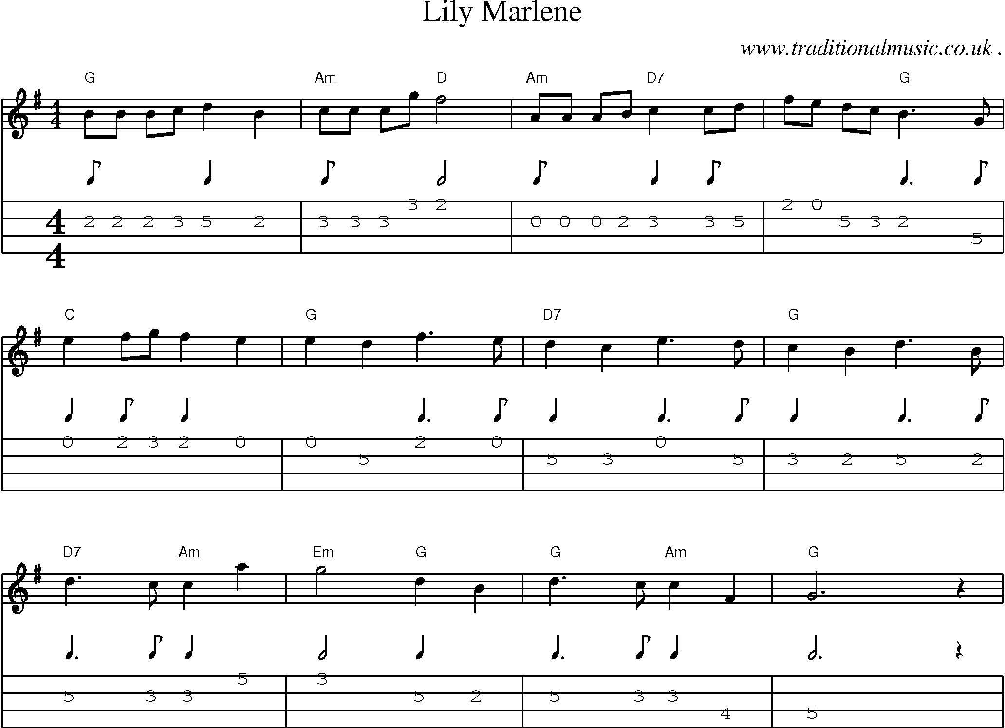 Music Score and Mandolin Tabs for Lily Marlene