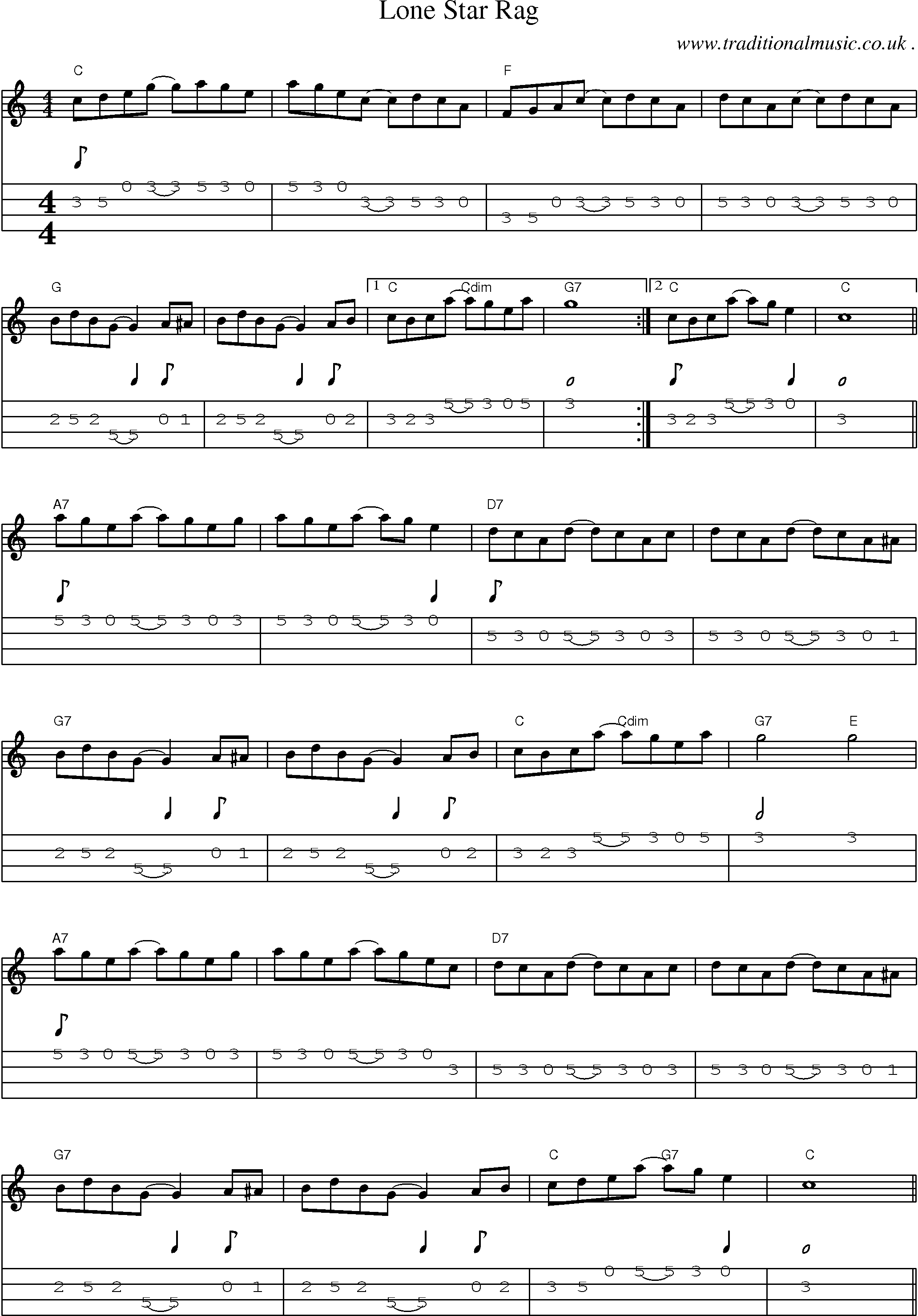 Music Score and Mandolin Tabs for Lone Star Rag