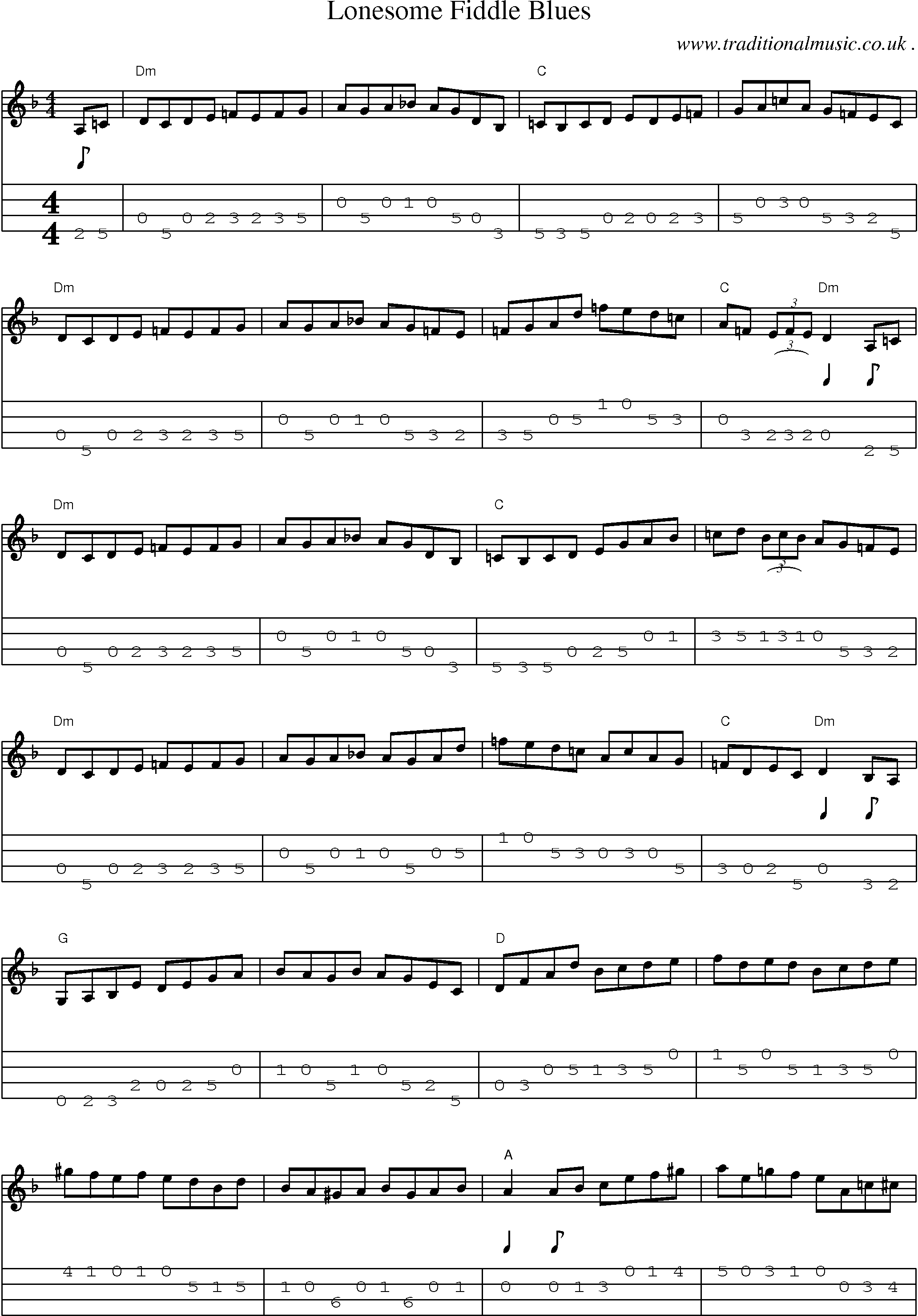 Music Score and Mandolin Tabs for Lonesome Fiddle Blues