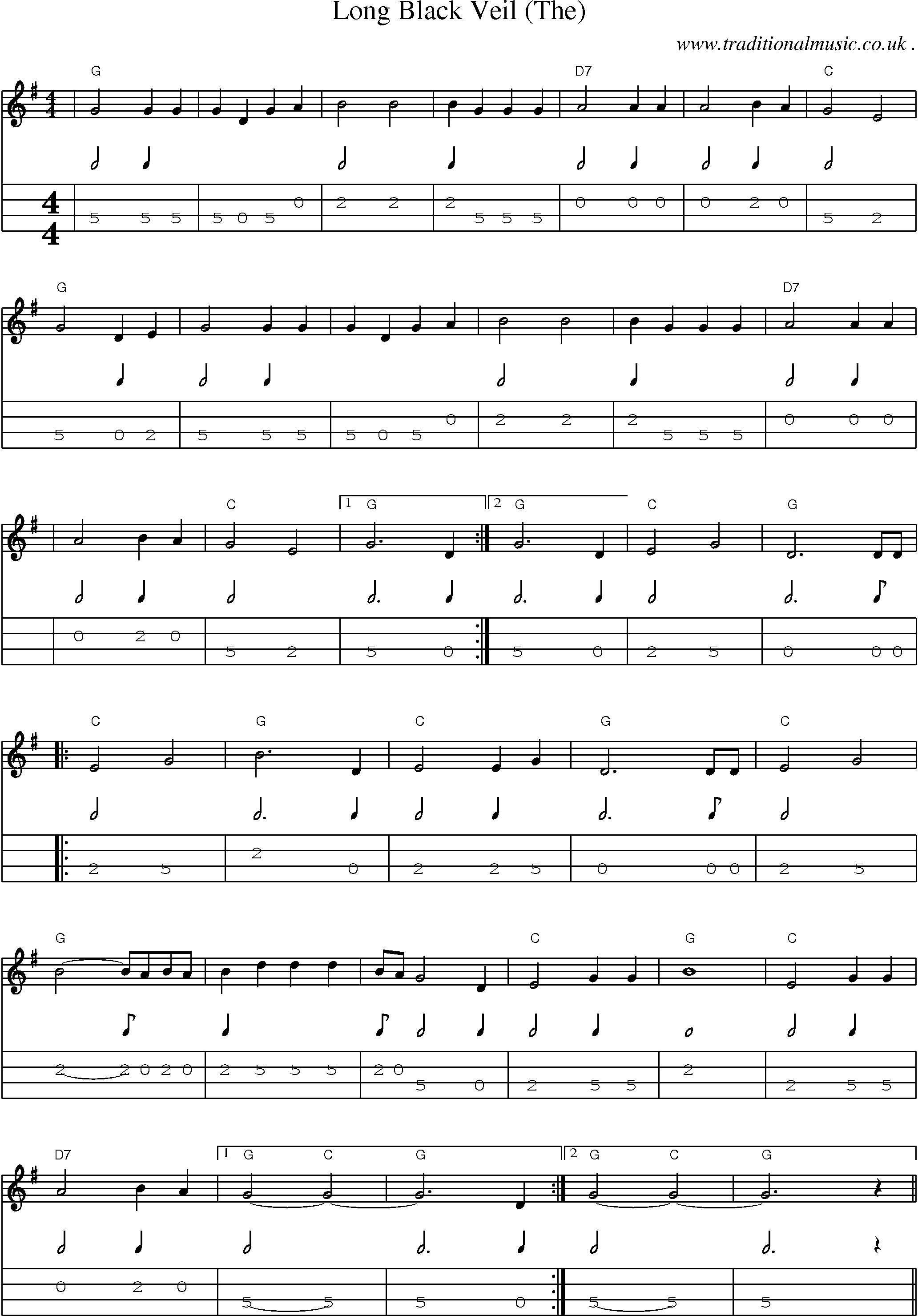 Music Score and Mandolin Tabs for Long Black Veil (the)