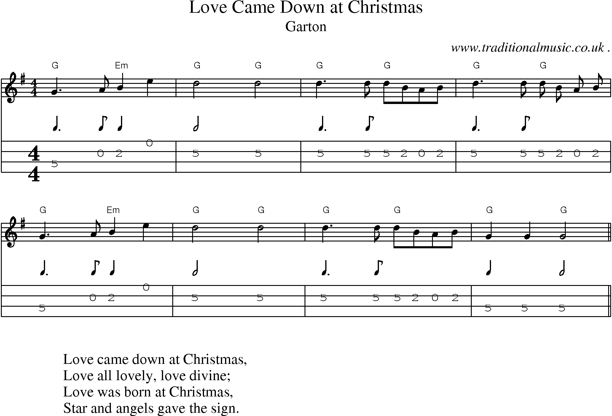 Music Score and Mandolin Tabs for Love Came Down At Christmas