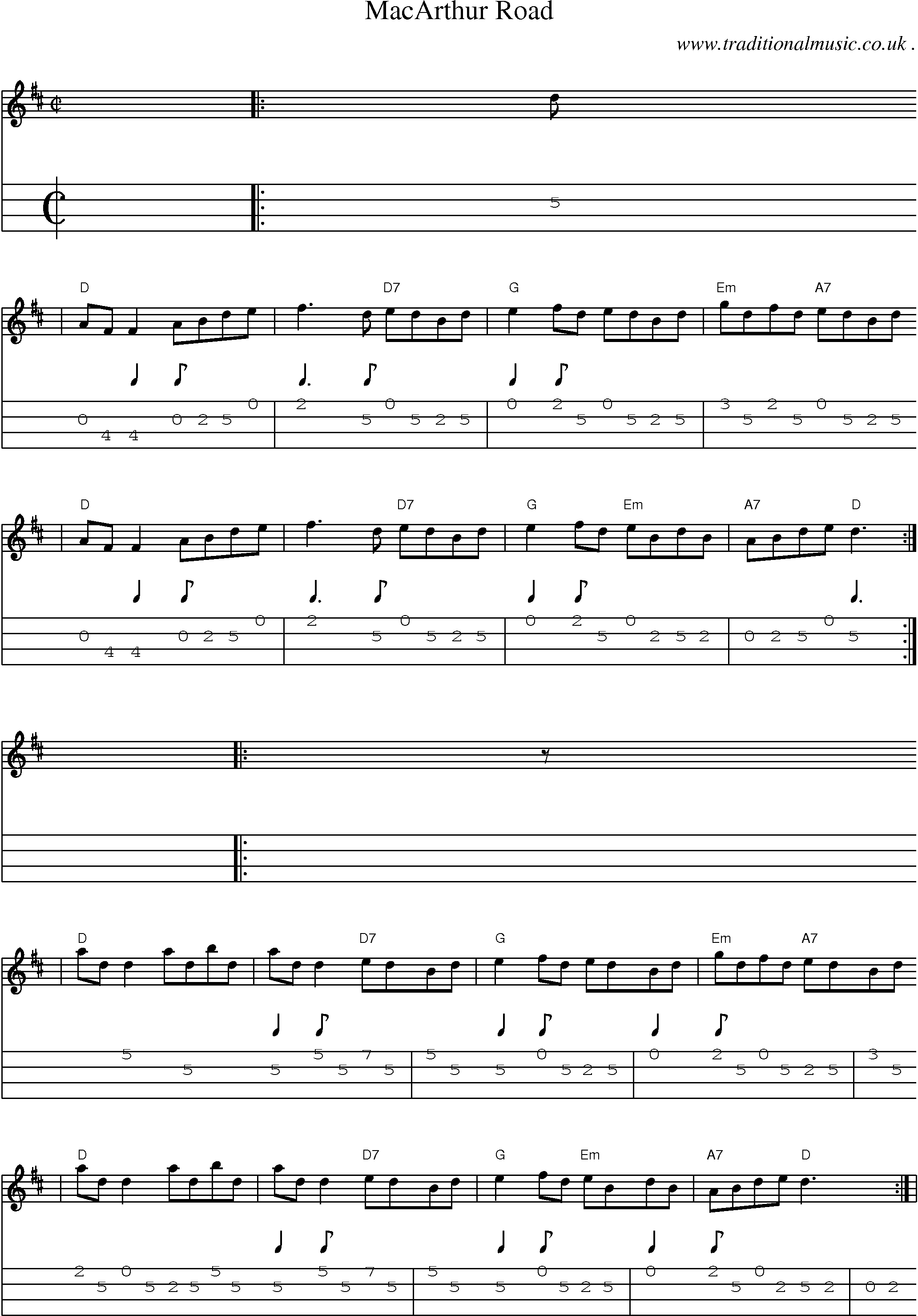 Music Score and Mandolin Tabs for Macarthur Road