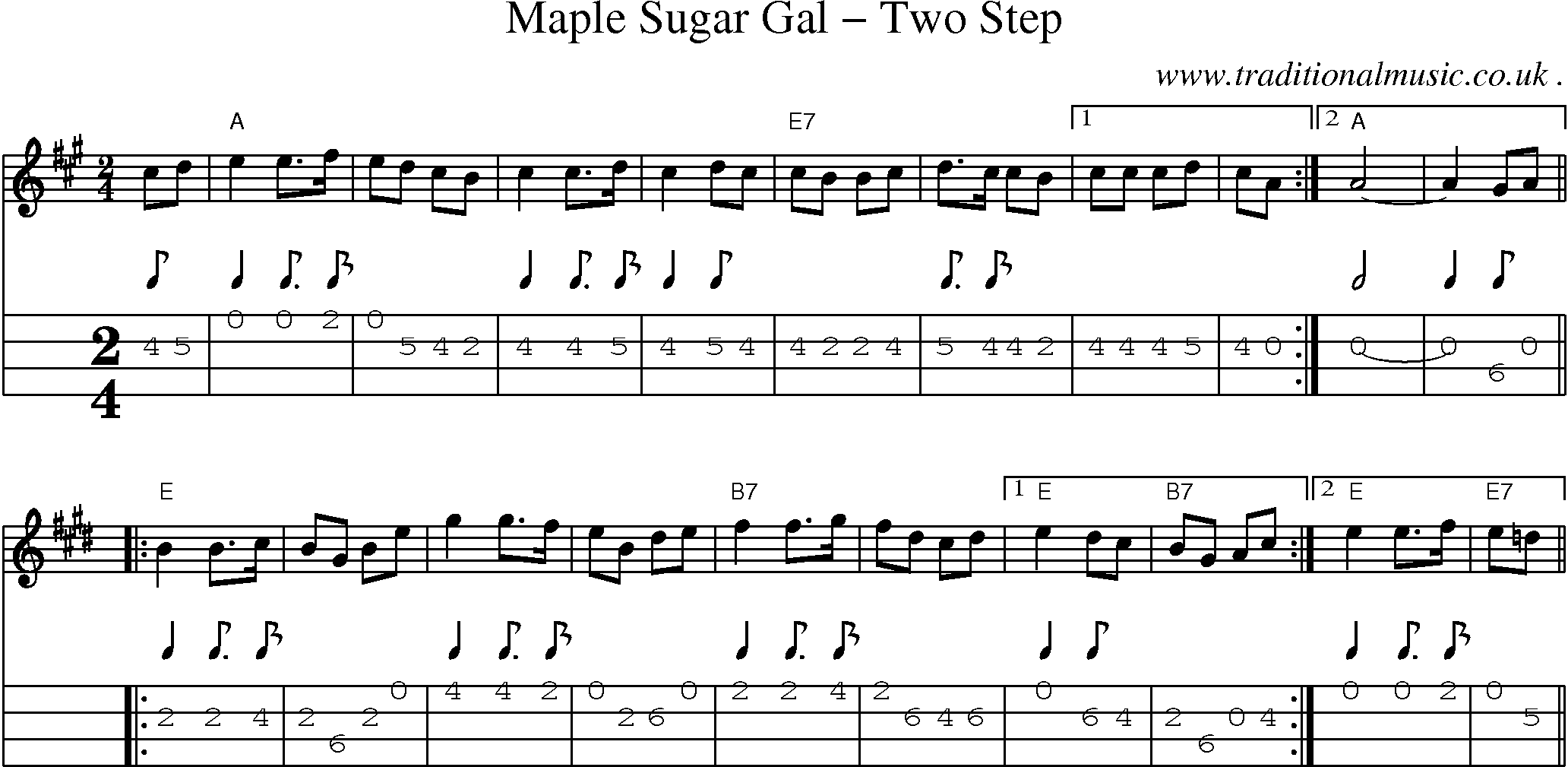 Music Score and Mandolin Tabs for Maple Sugar Gal Two Step
