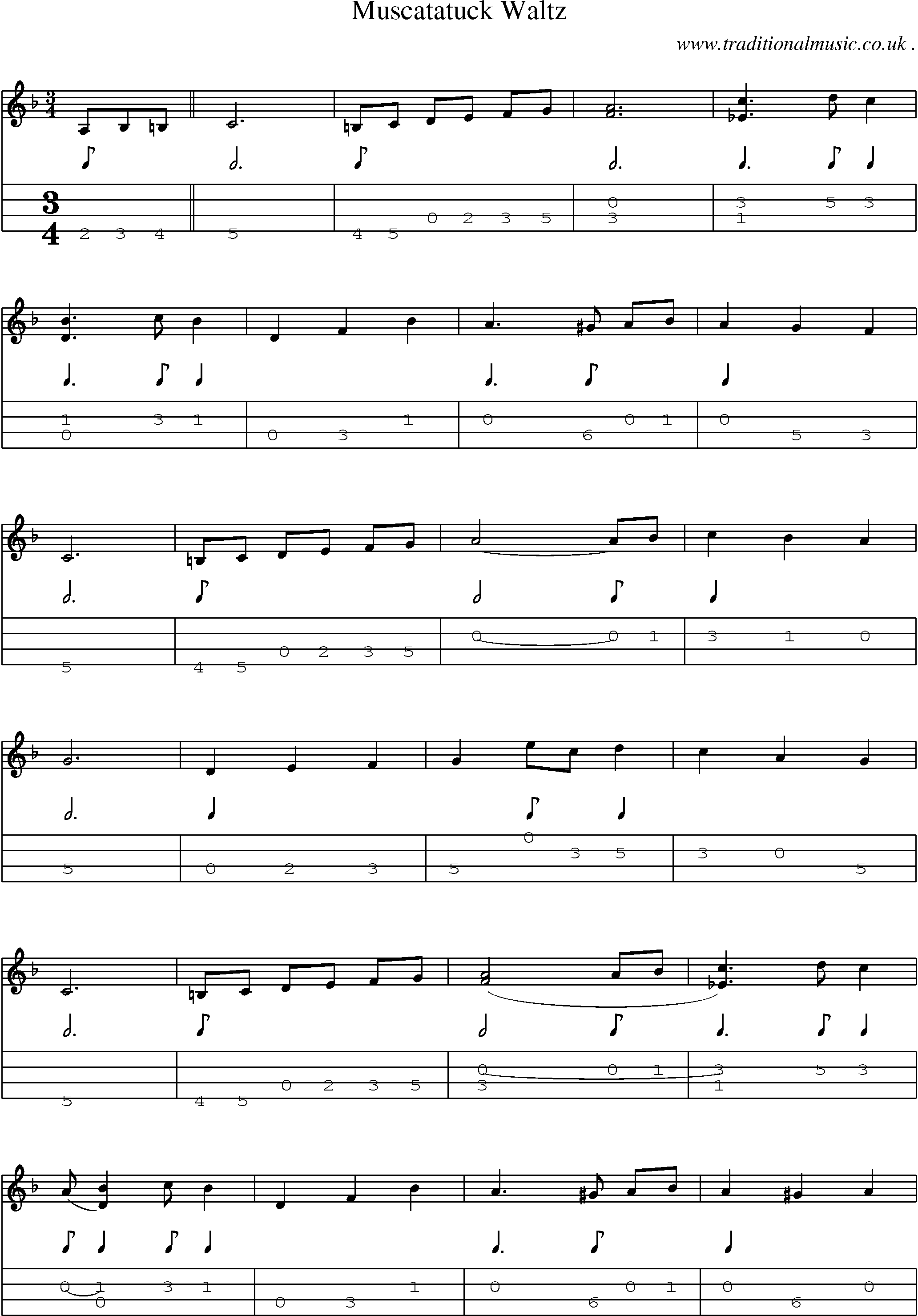 Music Score and Mandolin Tabs for Muscatatuck Waltz