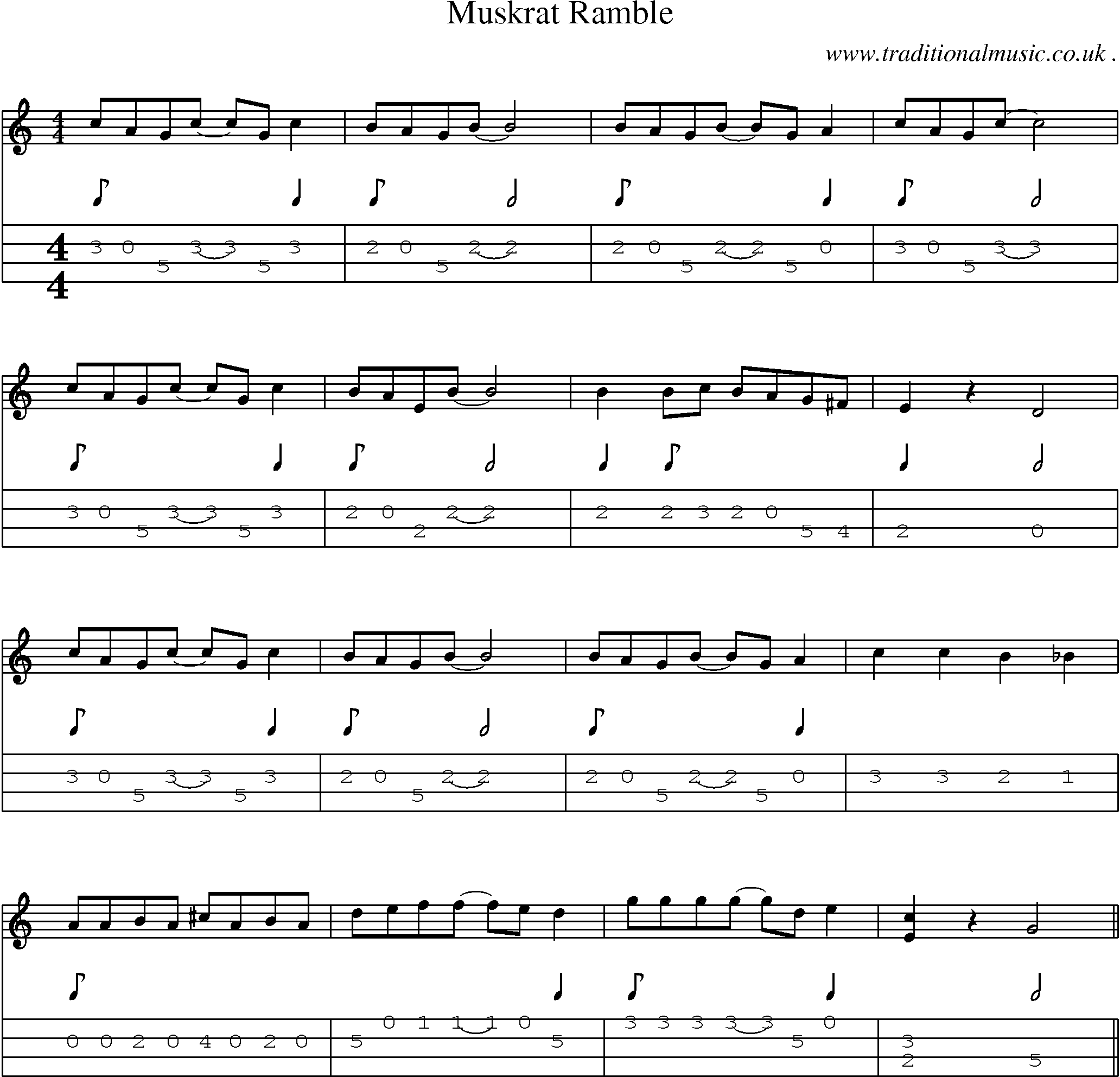 Music Score and Mandolin Tabs for Muskrat Ramble