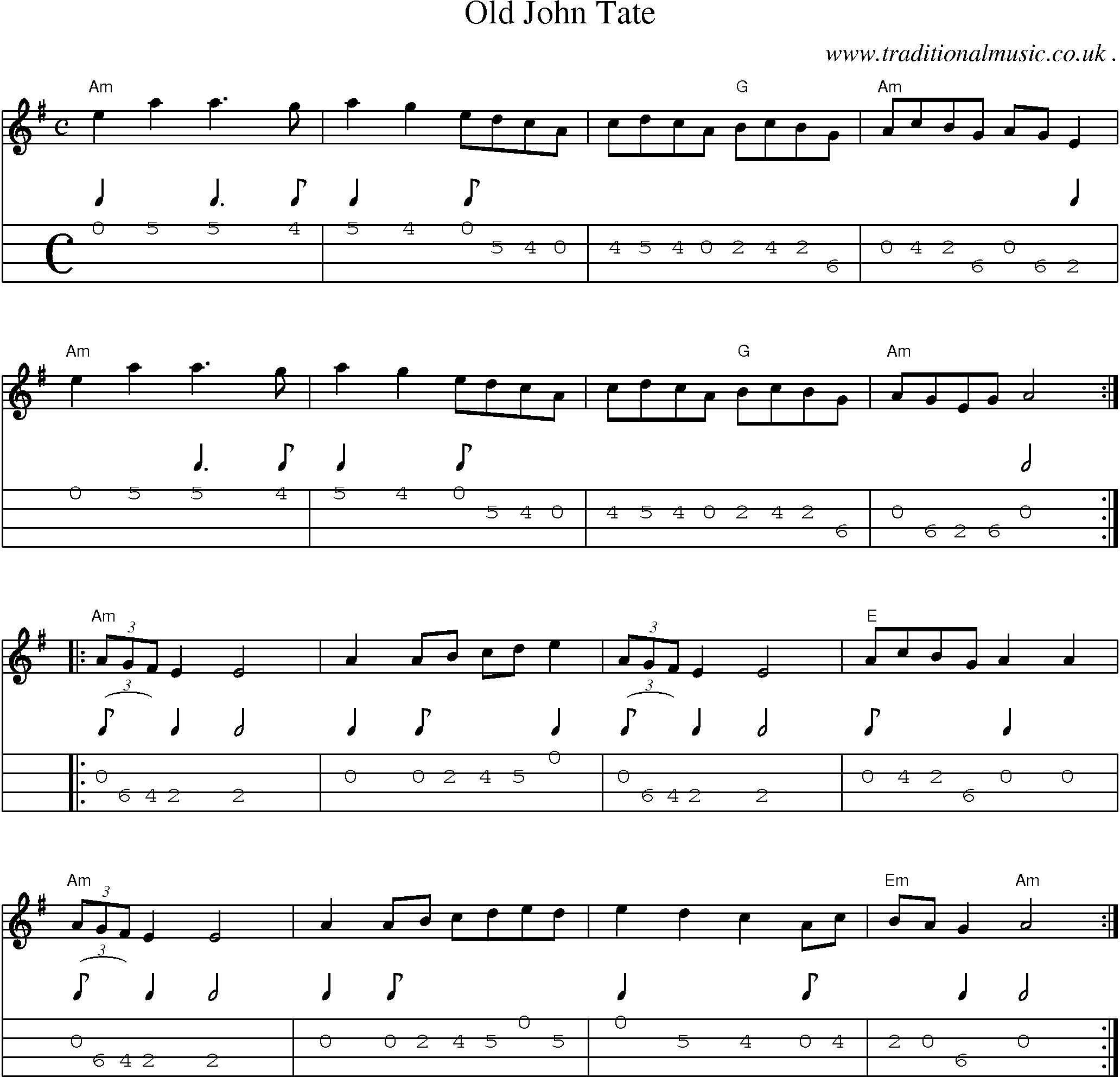 Music Score and Mandolin Tabs for Old John Tate