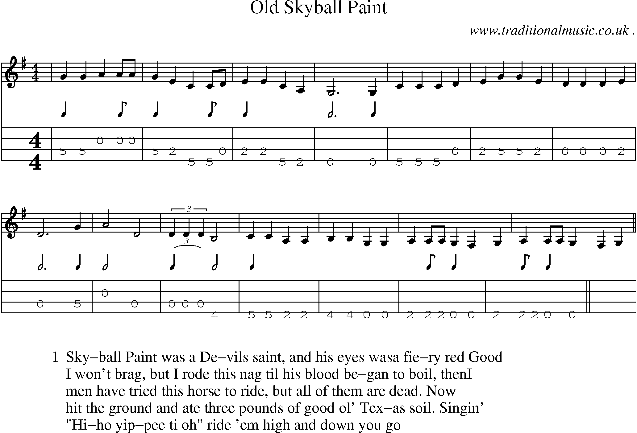Music Score and Mandolin Tabs for Old Skyball Paint