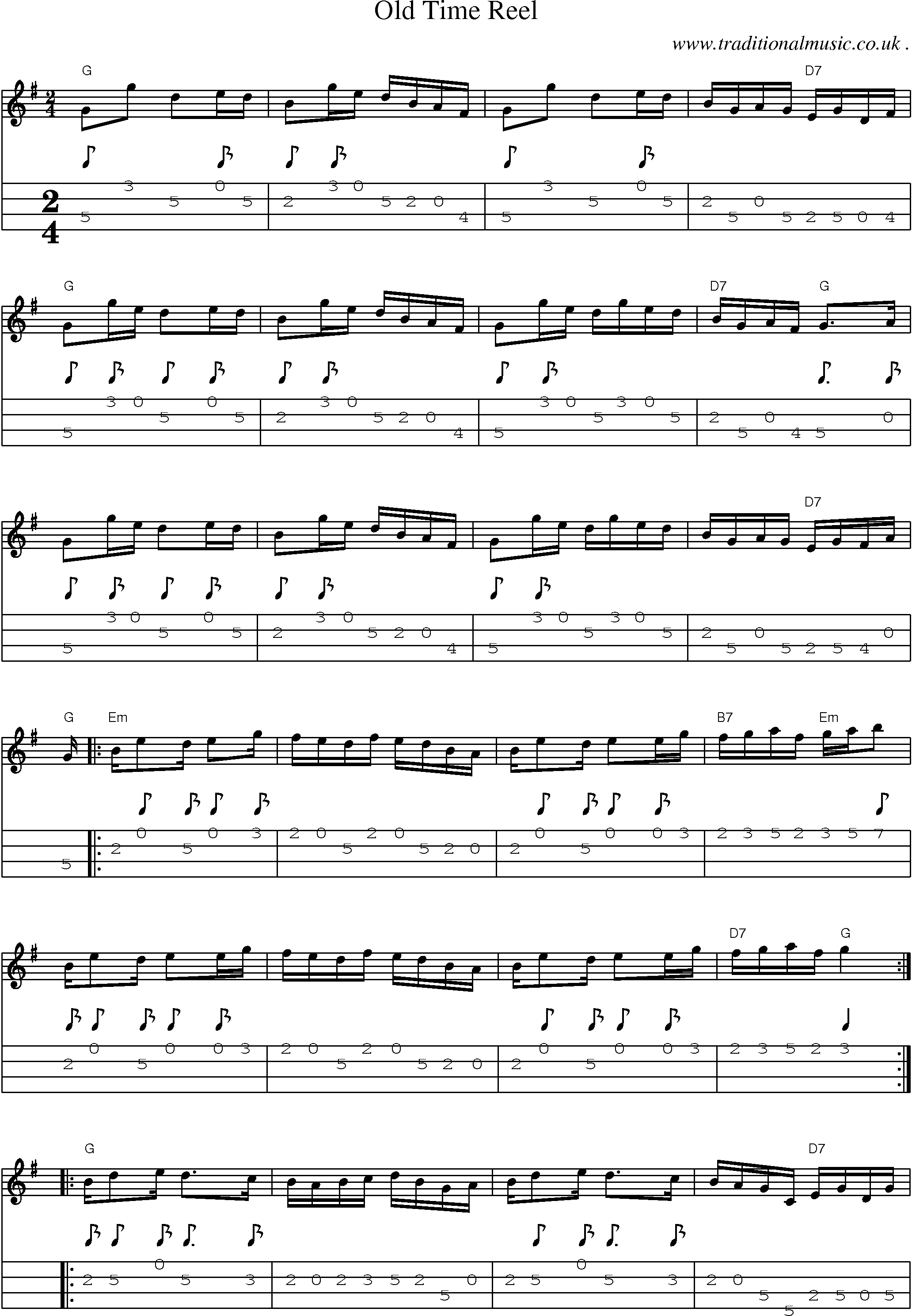 Music Score and Mandolin Tabs for Old Time Reel